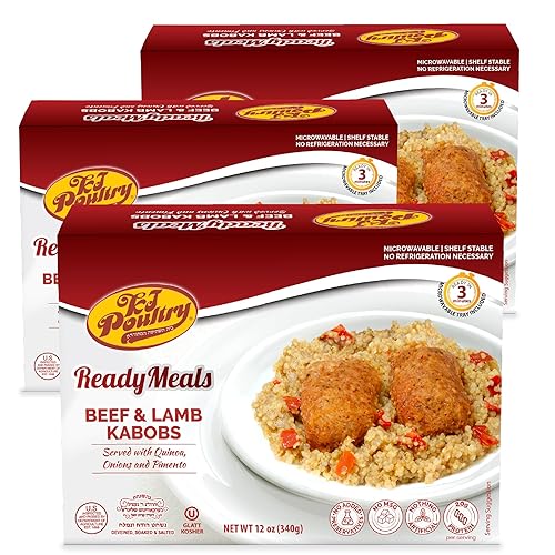 Kosher MRE - Comidas de carne listas para comer, brocheta de cordero y quinua (3 unidades) preparadas Entree totalmente cocinadas, cena de