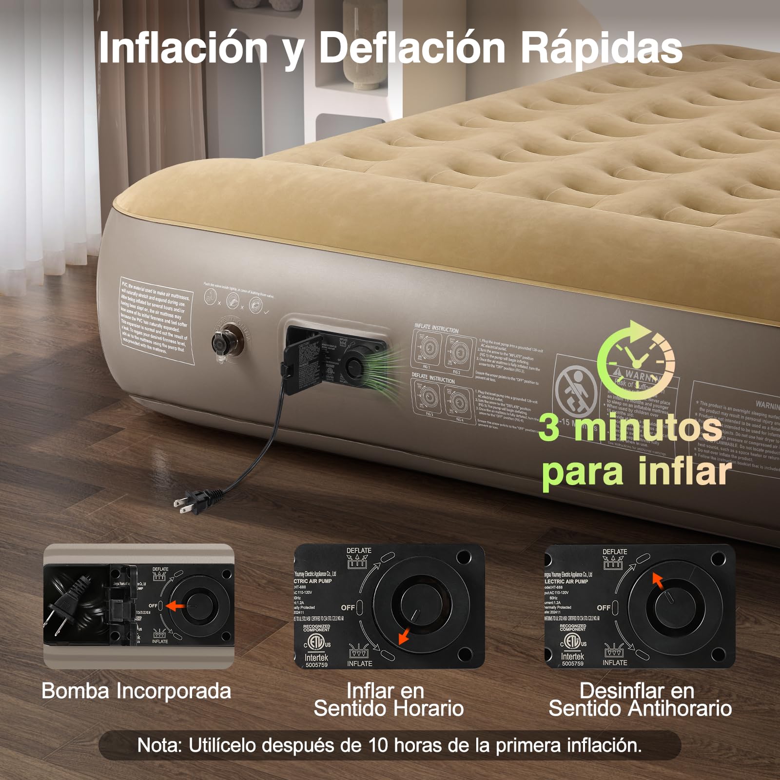 Colchón Hinchable Matrimonio con Bomba Integrada 203x152x33CM Almohada 250kg Khaki