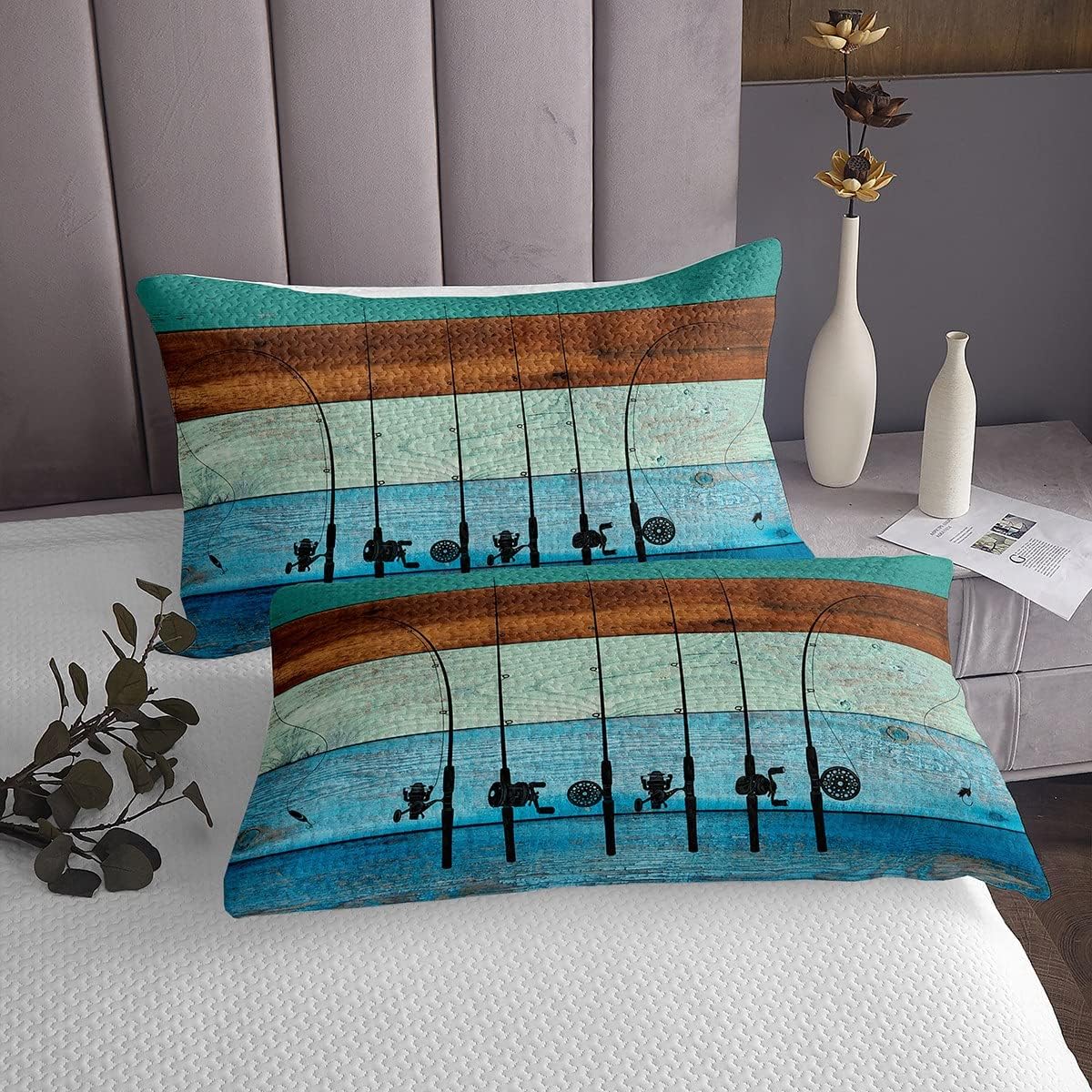 Ice Fishing Rod Quilt Set Go Fishing Bedspread Set Fishing Gifts for Men,Fish Coverlet Set Rustic Wooden Plank Bedding Set King,Fishing Hooks Fishing Game Room Decor Gift for Fisherman,Grunge Teal