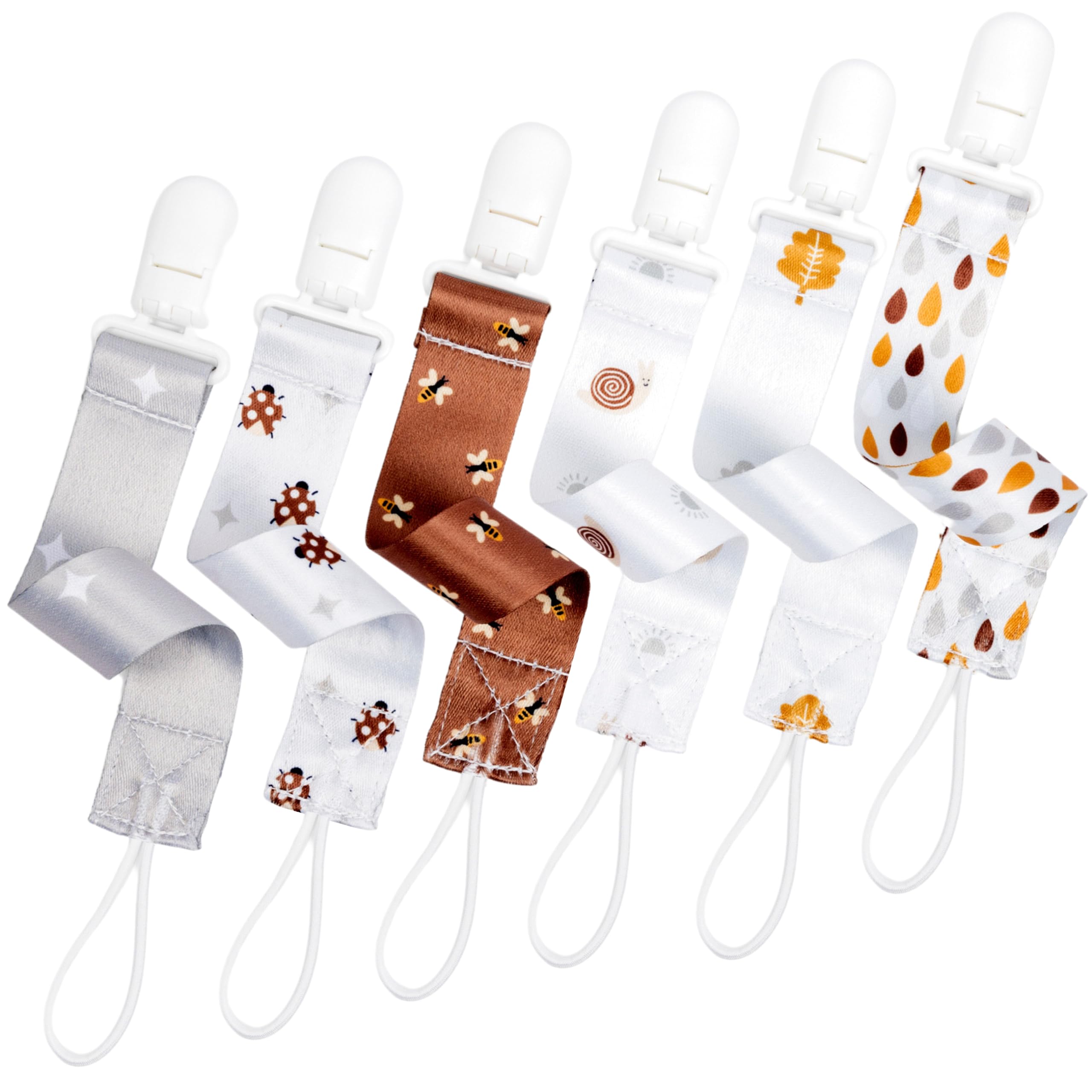 BUNNYBEE Neutral Garden Friends Pacifier Clip Set, 6 Pack Pacifier Holder Clip for Boys and Girls, Stylish and Practical Baby Binky Teethers, Baby