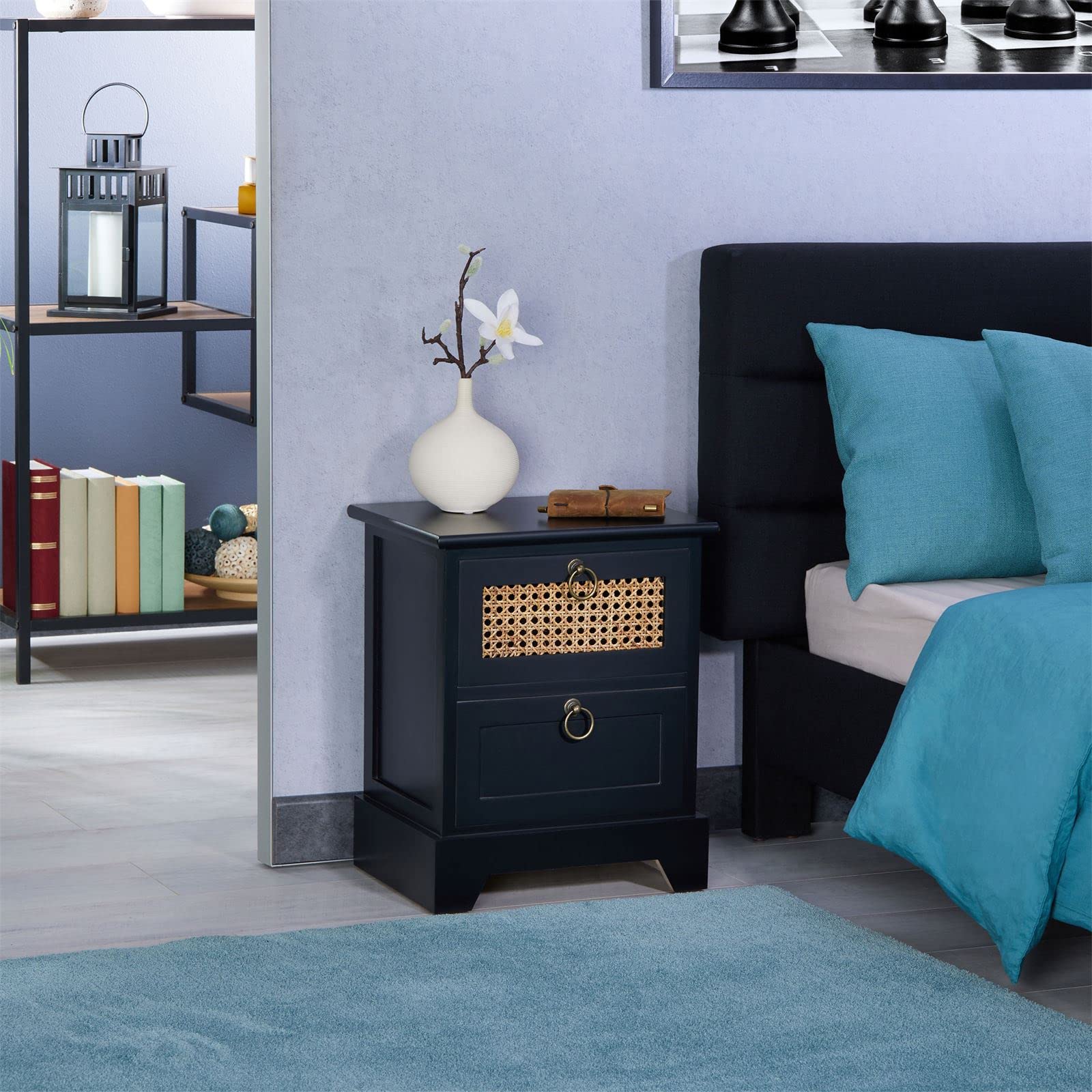 IDIMEX Table de Chevet Padma 2 tiroirs, Table de Nuit Design Vintage en Bois lasuré Noir et cannage en rotin