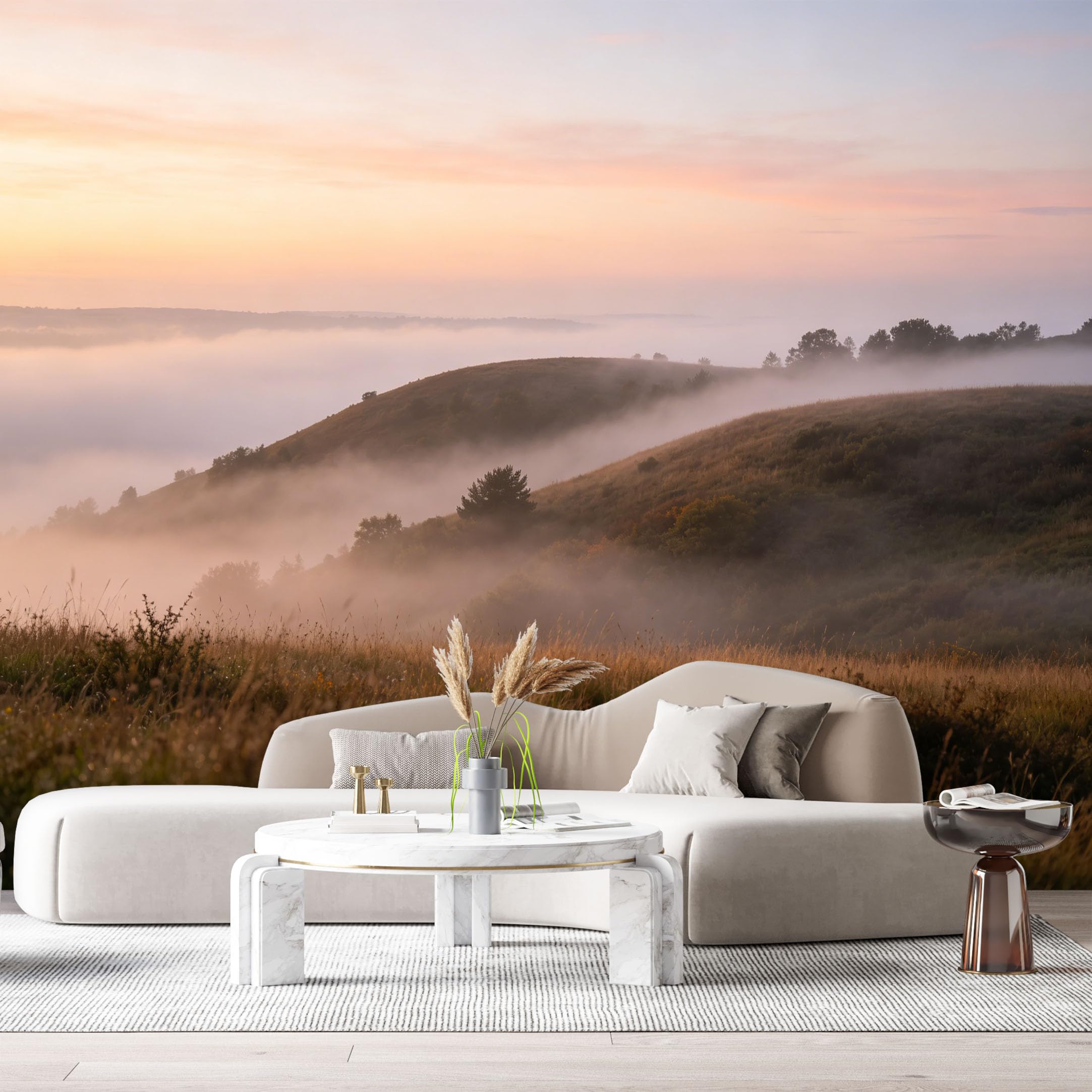 Custom Size Wall Murals Misty Hills Landscape Sunrise Fog Valley Botanical Nature View SelfAdhesive Wall Fabric Removable Large Wallpaper for Photo Living Room