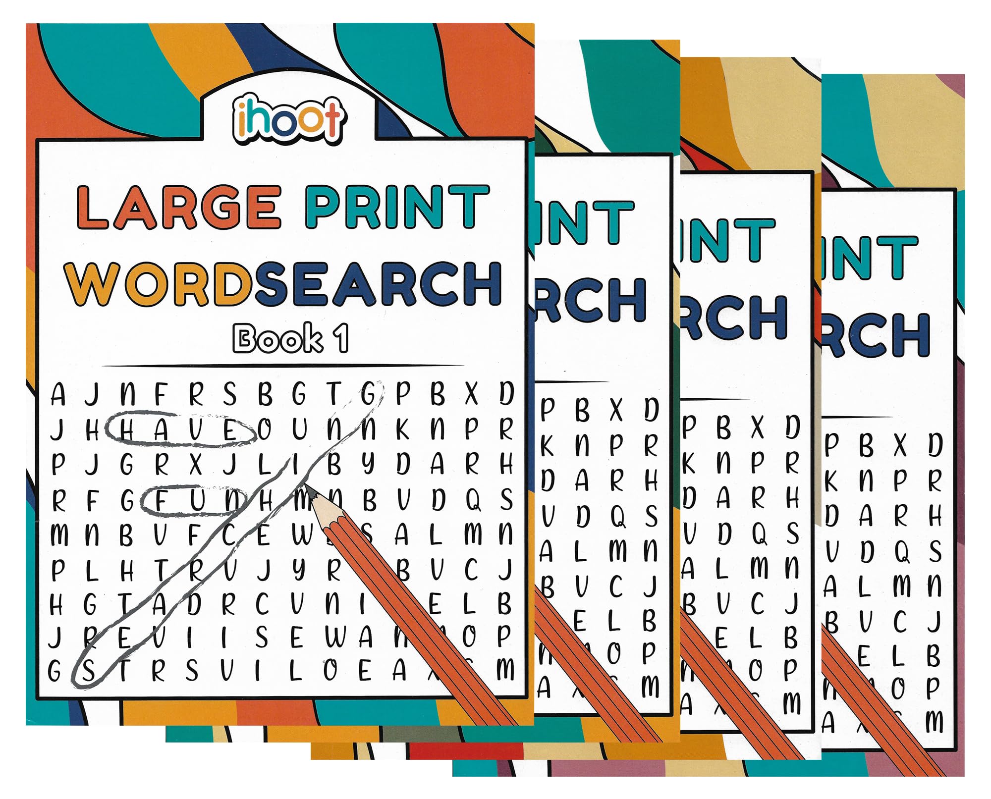 ihoot Pack of 4 Assorted A4 Large Print Word Search Books for Adults | Travel Games Puzzle Books for Adults | Word Games and Word Puzzles, Gifts for Partially Sighted People