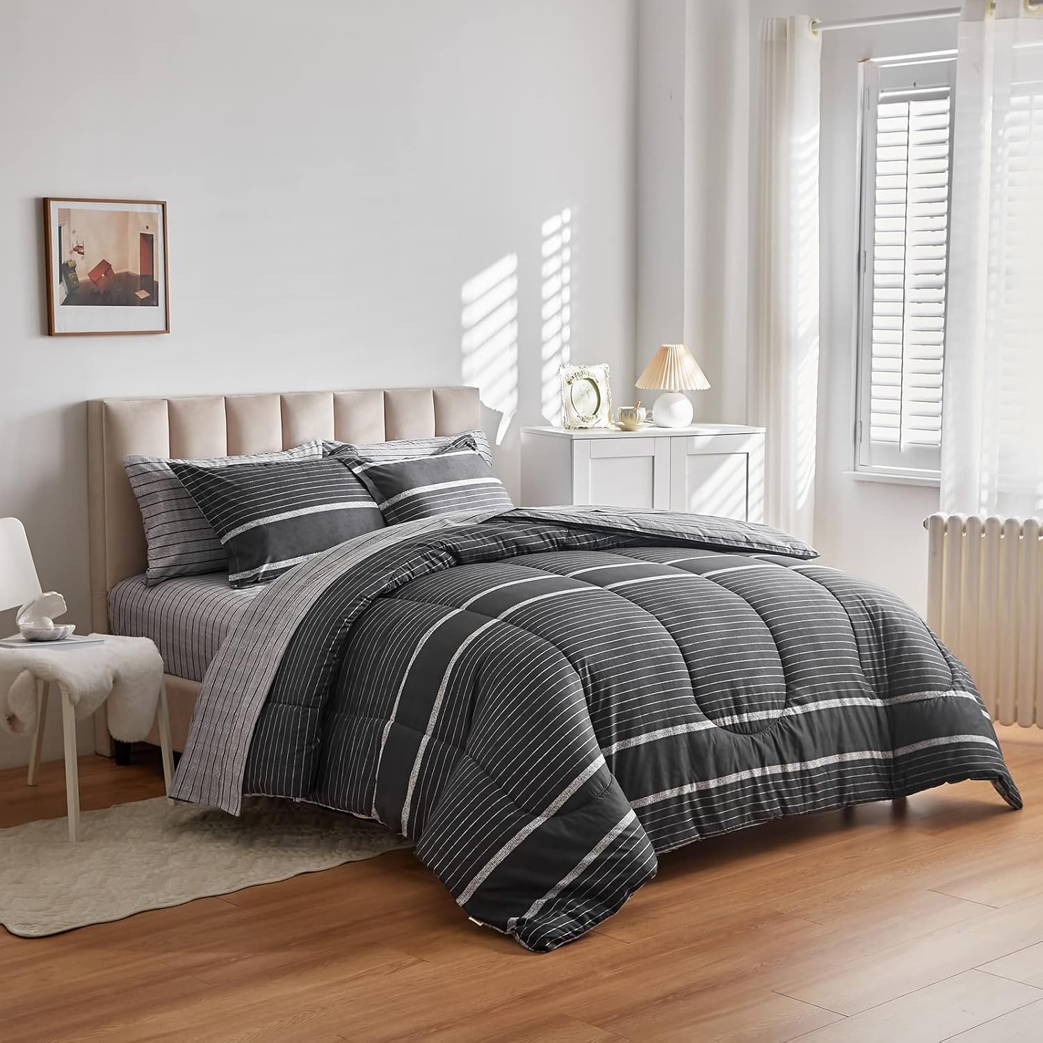Flysheep 3 Pcs Boho Striped Comforter Set Twin Size for Kids, White Striped on Black Dark Grey Soft Microfiber Reversible Bedding Set for All Season - Image 7