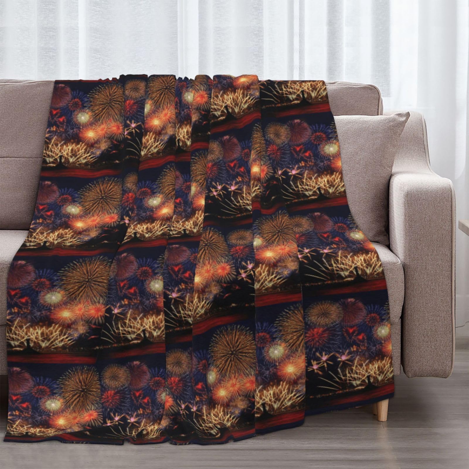 Couverture en flanelle avec imprimé feux d'artifice - 178 x 203 cm - Chaude et douillette - Pour l'hiver - Pour camping ou voyage