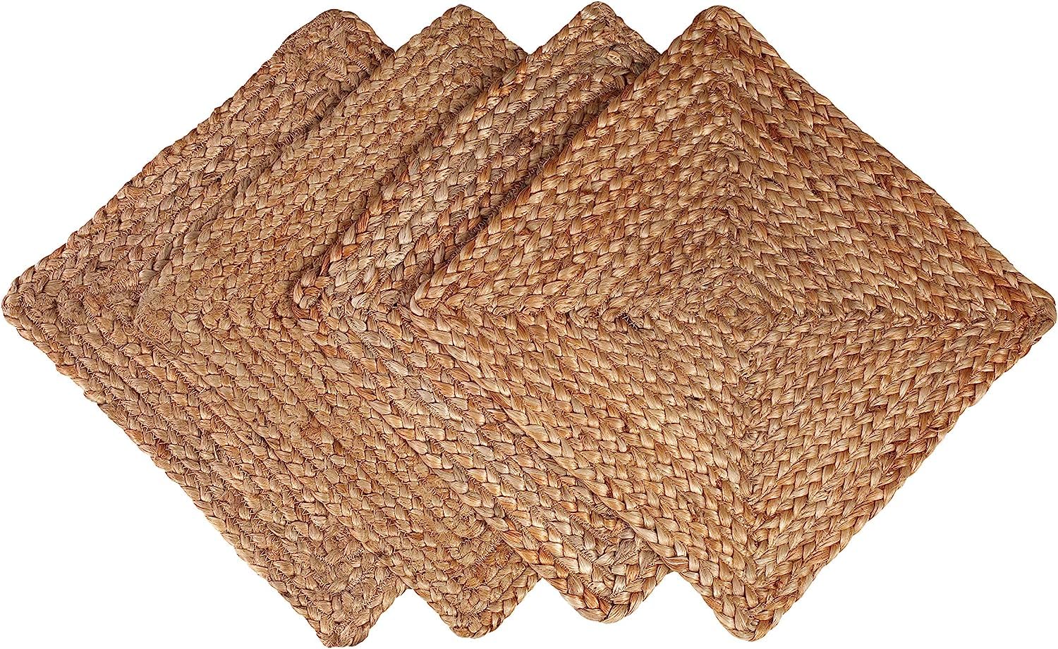 Manteles individuales trenzados de yute | Reversible | Juego de 4 | 12 x 12 | Antideslizante | Manteles individuales cuadrados de granja | Manteles individuales de yute vintage | Perfecto para mesa de