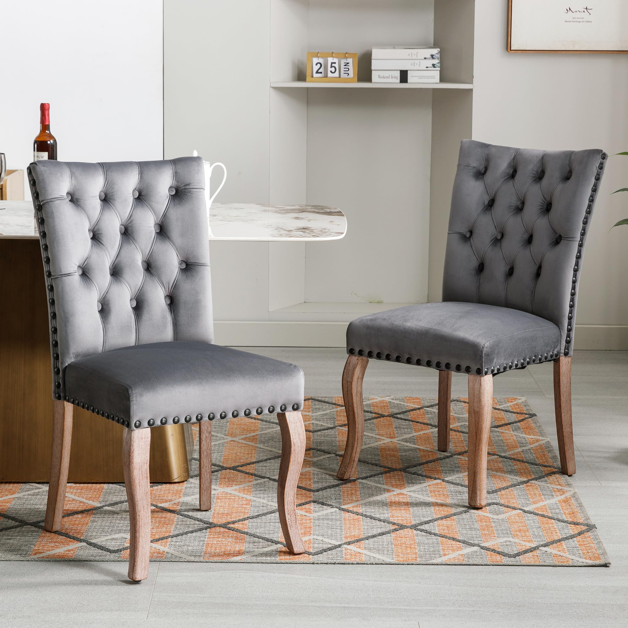 Silla de comedor (silla de cocina, silla de salón con aldaba única en la parte trasera), silla tapizada con cabeza de clavo, patas de madera maciza, funda de terciopelo, gris, 2 unidades