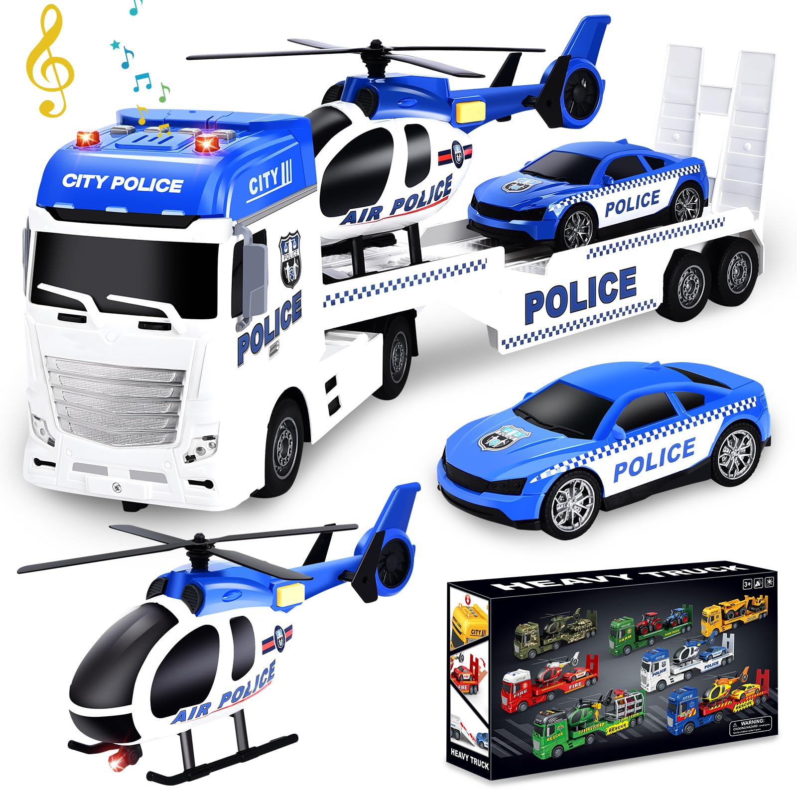Herefun 3 in 1 Camion Polizia Giocattolo per Bambini, Grande Trasportatore Con Elicottero e Macchina da Corsa, Regalo per Ragazzi 3-6+ Anni