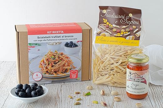 Kit Ricetta SecondChef: SCIALATIELLI TRAFILATI AL BRONZO CON SUGO ALLA PUTTANESCA E PISTACCHI CROCCANTI, x 4 persone