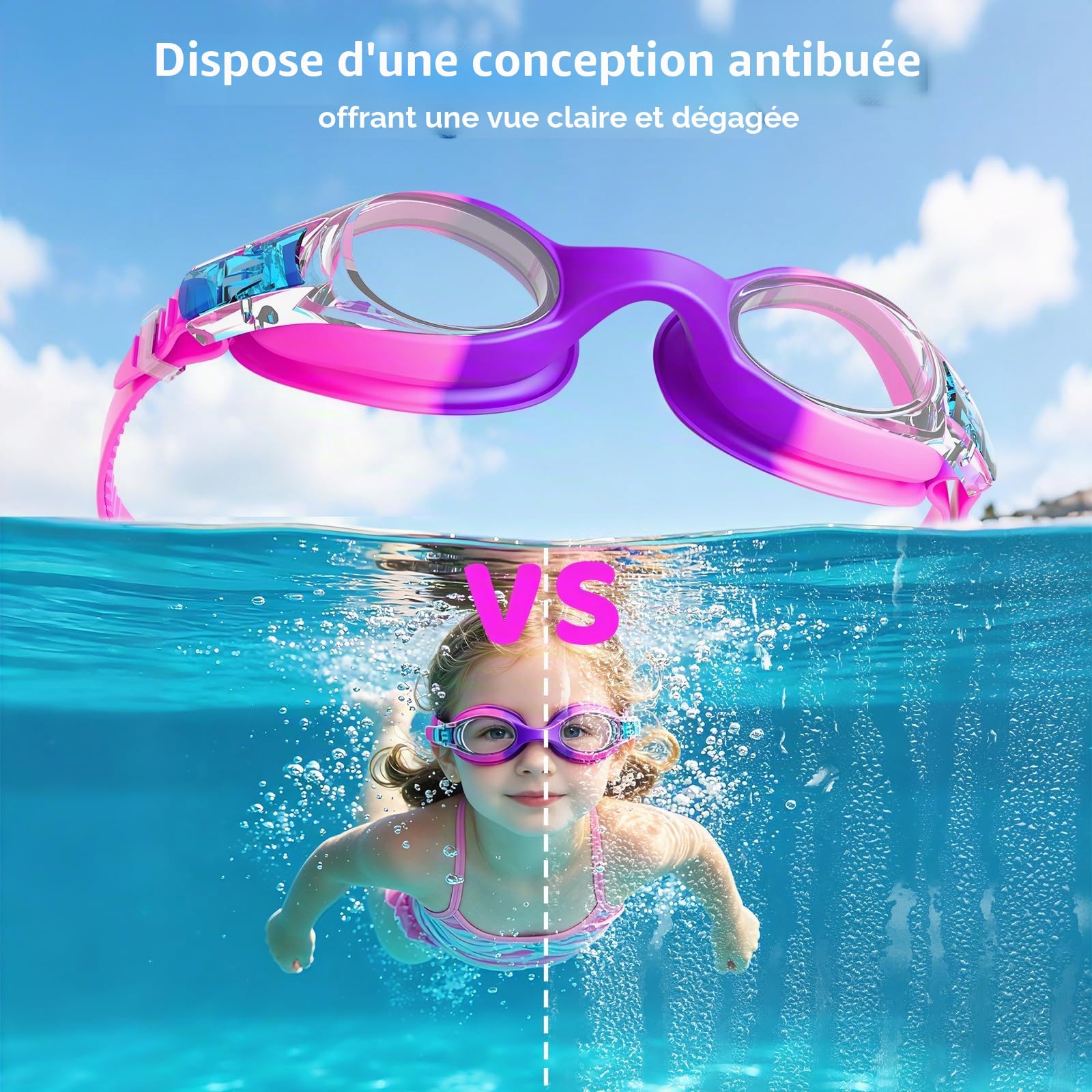 Lunette Piscine Enfant(lot de 2), Lunettes Piscine Enfants avec Lentille Anti-Buée, Lunettes de Natation Sans Fuite, Lunette de Piscine Enfant en Silicone Souple pour 3 à 14 Ans Garçons Filles