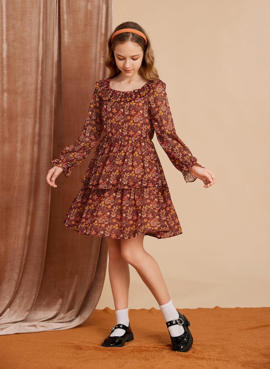 GRACE KARIN Girls Fall Dress Floral Long Sleeve Ruffle Square Neck Elastic Waist Tiered Layer Casual Dresses Size 5-12Y - Image 4