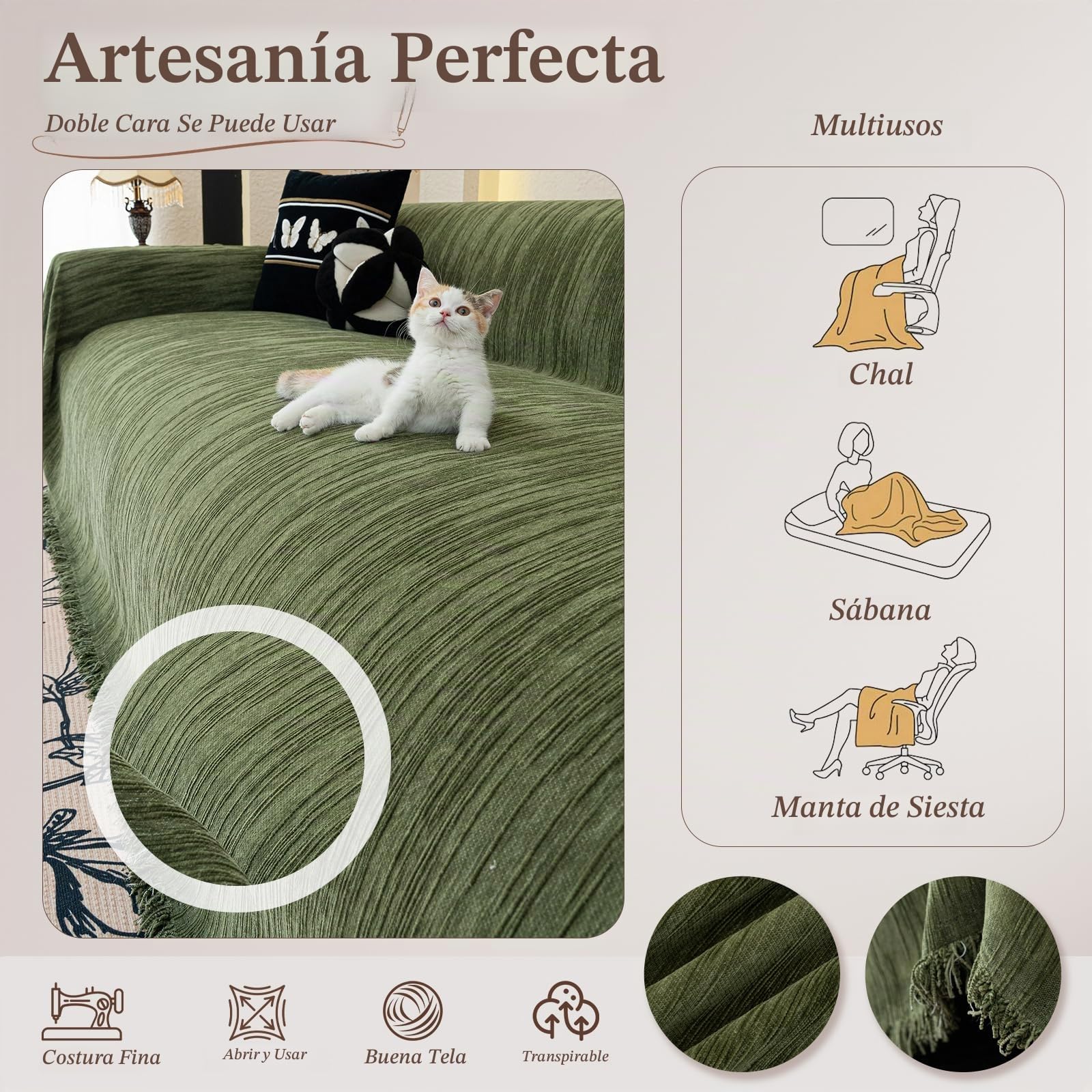 Jarapas para Sofas, 1/2/3/4 Plazas, Plaid Sofa Multifuncional, Protector Sofa Gatos Arañazo, Universal Fundas Sofá Antimanchas, Manta Suave y Cómoda 180 * 360cm-Verde