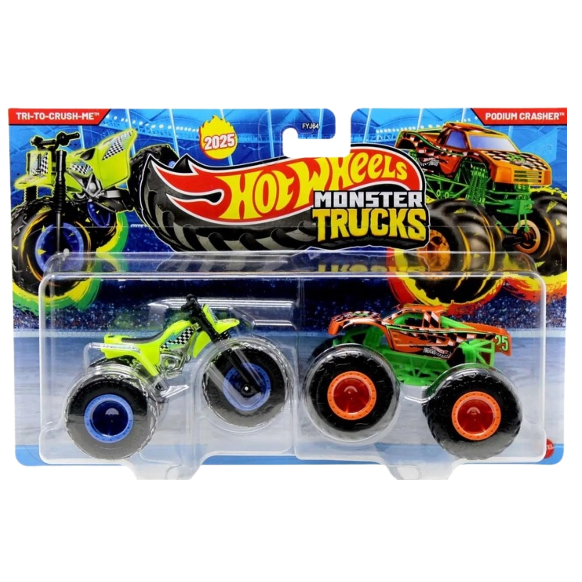 Hot Wheels Monster Trucks Demolition Doubles (Tri-To-Crush-Me & Podium Crasher JCC70), Red, Blue, 3 x 2 x 1 cm