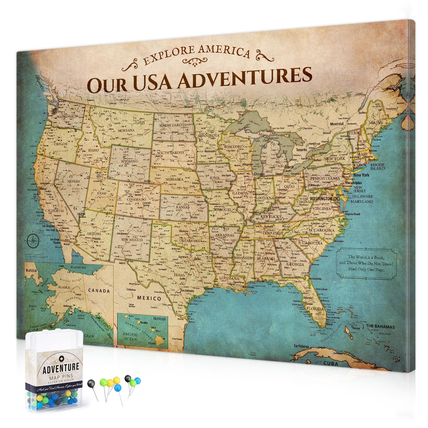 DECORARTS USA Travel Map with Pins, Antique USA Map Pin Board, 40x30''