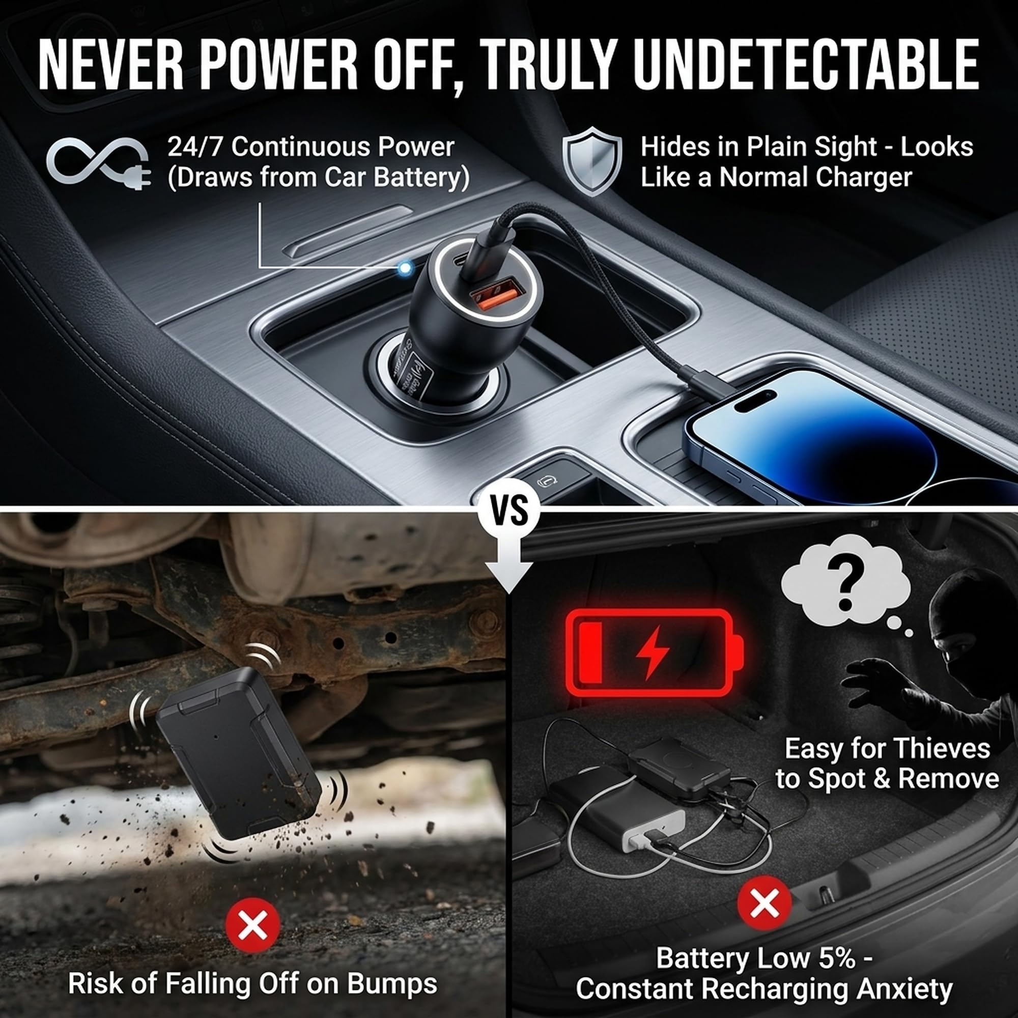Localizzatore GPS 2 in 1 per veicoli e caricabatterie da auto, localizzatore per accendisigari con doppia porta USB-A e USB-C di ricarica rapida, funziona con Apple Find My, dispositivo di