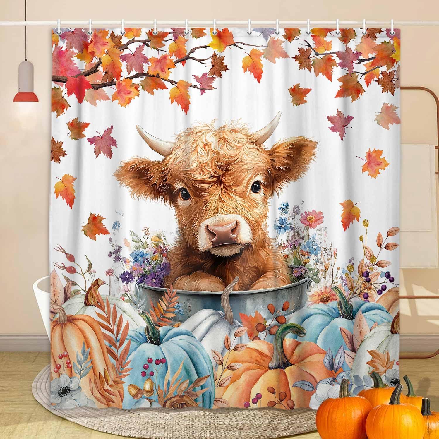 JAWO Fall Cow Shower Curtain, Autumn Thanksgiving Pumpkin Farmhouse Funny Highland Cow Shower Curtains for Bathroom, Cute Farm Animal Bathroom Decor, with Hooks, Surreal Bathroom Curtain, 70X84IN