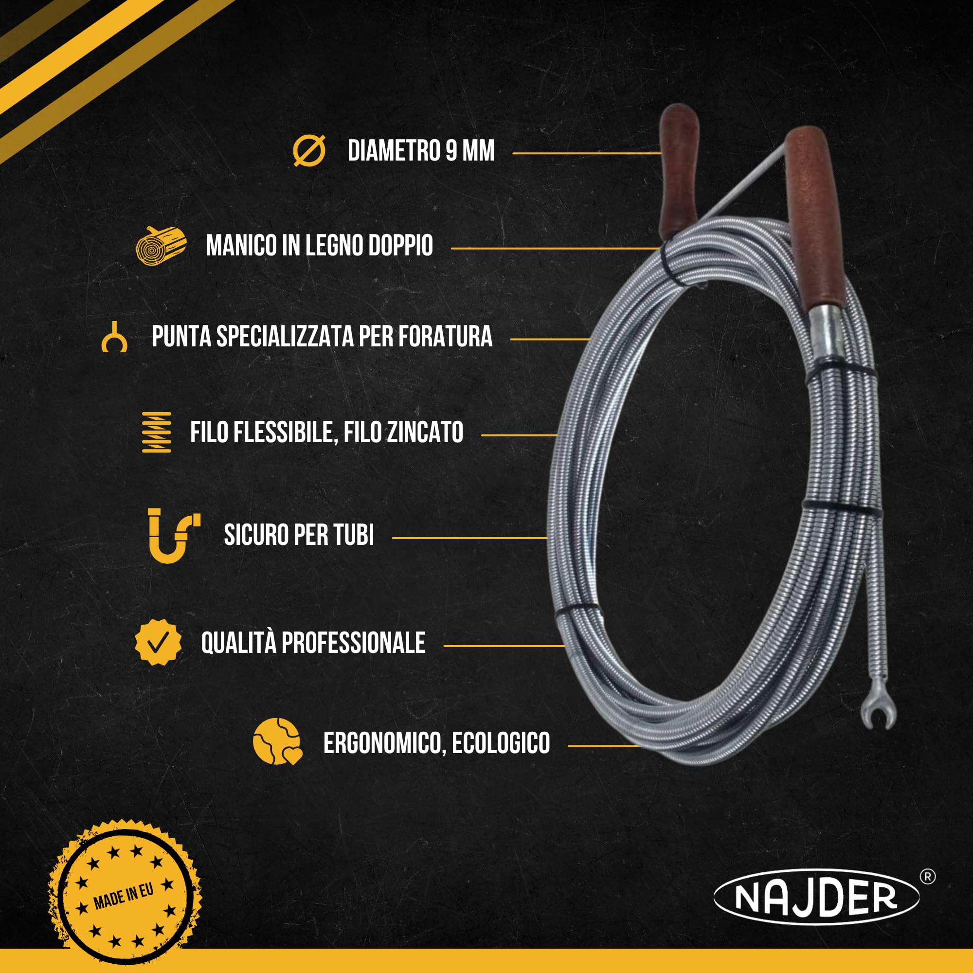 NAJDER Sbloccatore professionale di tubi con testa ad artiglio 9 mm x 20 m, spirale per la pulizia dei tubi, sblocco dello scarico, sonda di sblocco per lavello della cucina, vasca da bagno