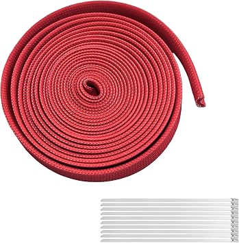 Wire Heat Shield Sleeve Fiberglass Heat Shroud Heat Sleeving Fuel Line 3/8" I.D. X 10Ft With 10 Pcs Stainless Steel Cable Metal Zip Ties for Car & Auto Wire Red