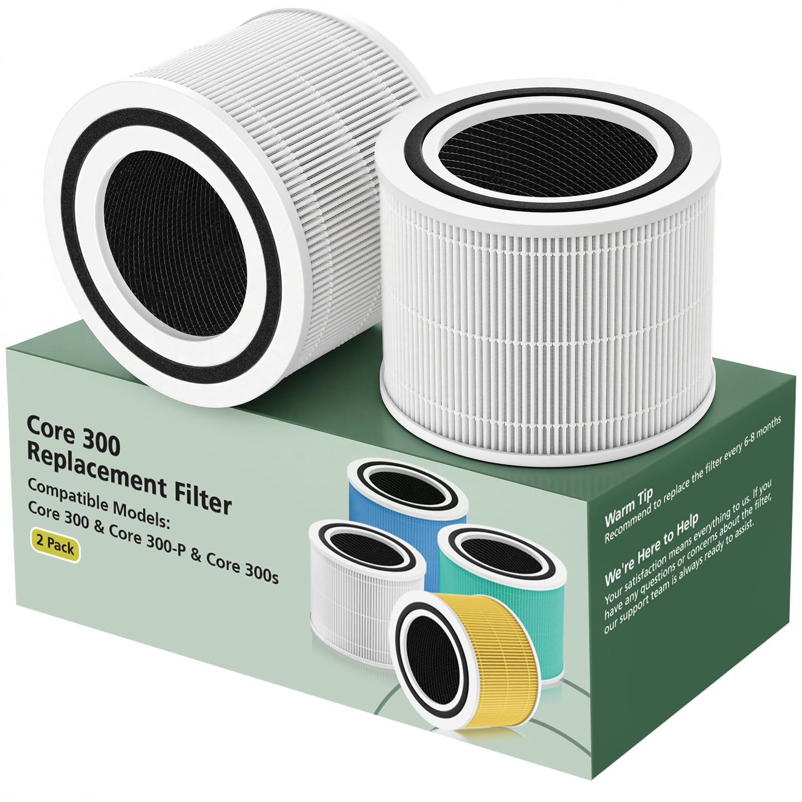 Core 300 Replacement Filter for LEVOIT Core 300 Core300-P Core 300S Core 300-P VortexAir Air Purifier, Core 300-RF, 3-in-1 HEPA Activated Carbon, 2 Pack, White, Core 300-P