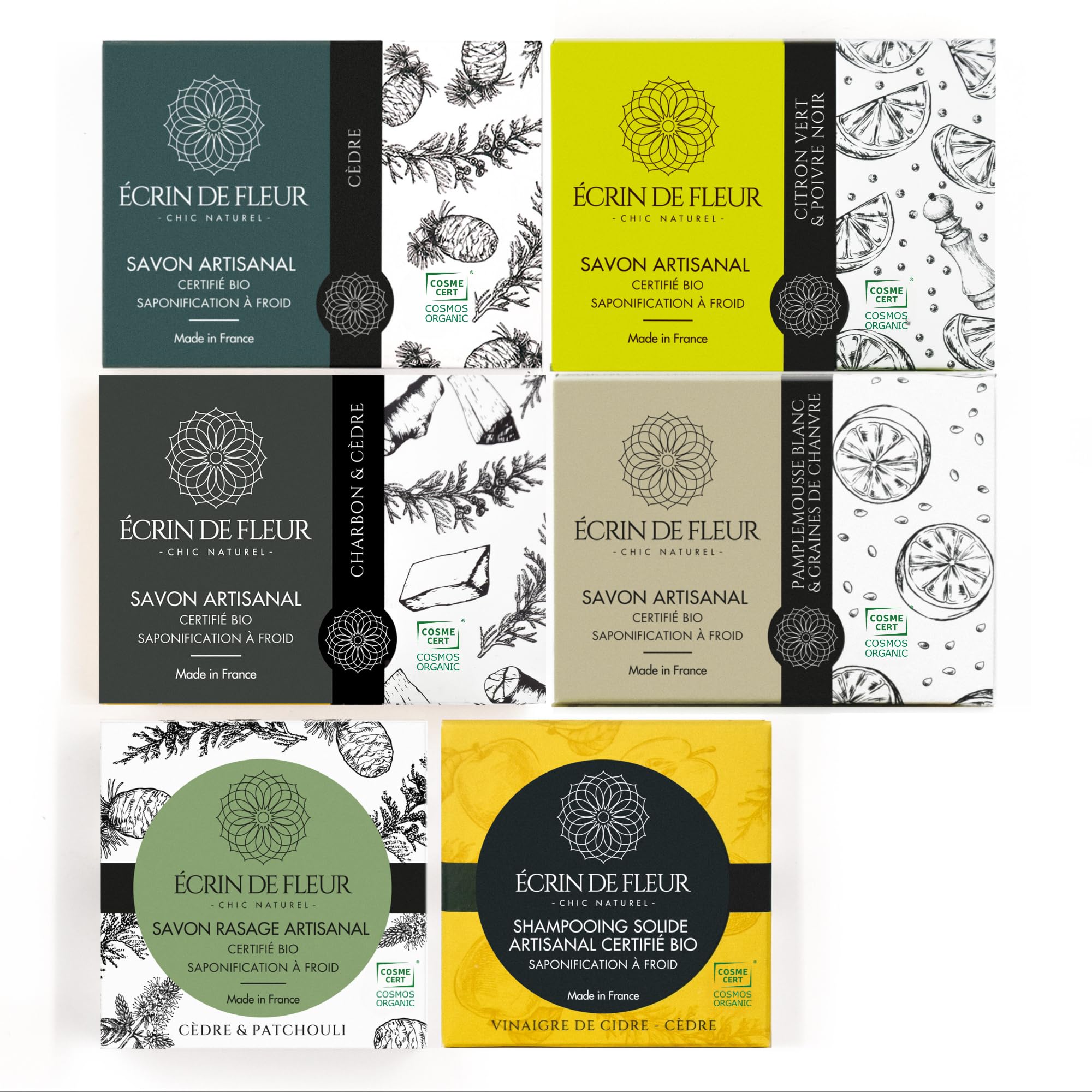 Set Regalo 6 Saponi e Shampoo Biologici Uomo, Artigianale Francia, Certificato COSMOS & Nature et Progrès, Cedro, Carbone & Pompelmo, 470g