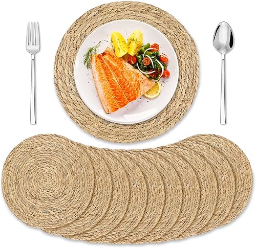 Juego de 10 manteles individuales redondos tejidos de 12 pulgadas, manteles individuales de ratán trenzado de fibra natural, manteles individuales