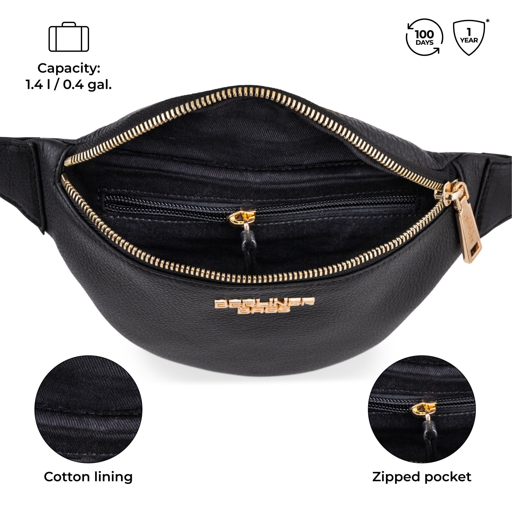 Berliner Bags Premium saszetka biodrowa Mona Fanny Pack ze skóry na ramię damska męska, czarny/żółty, M