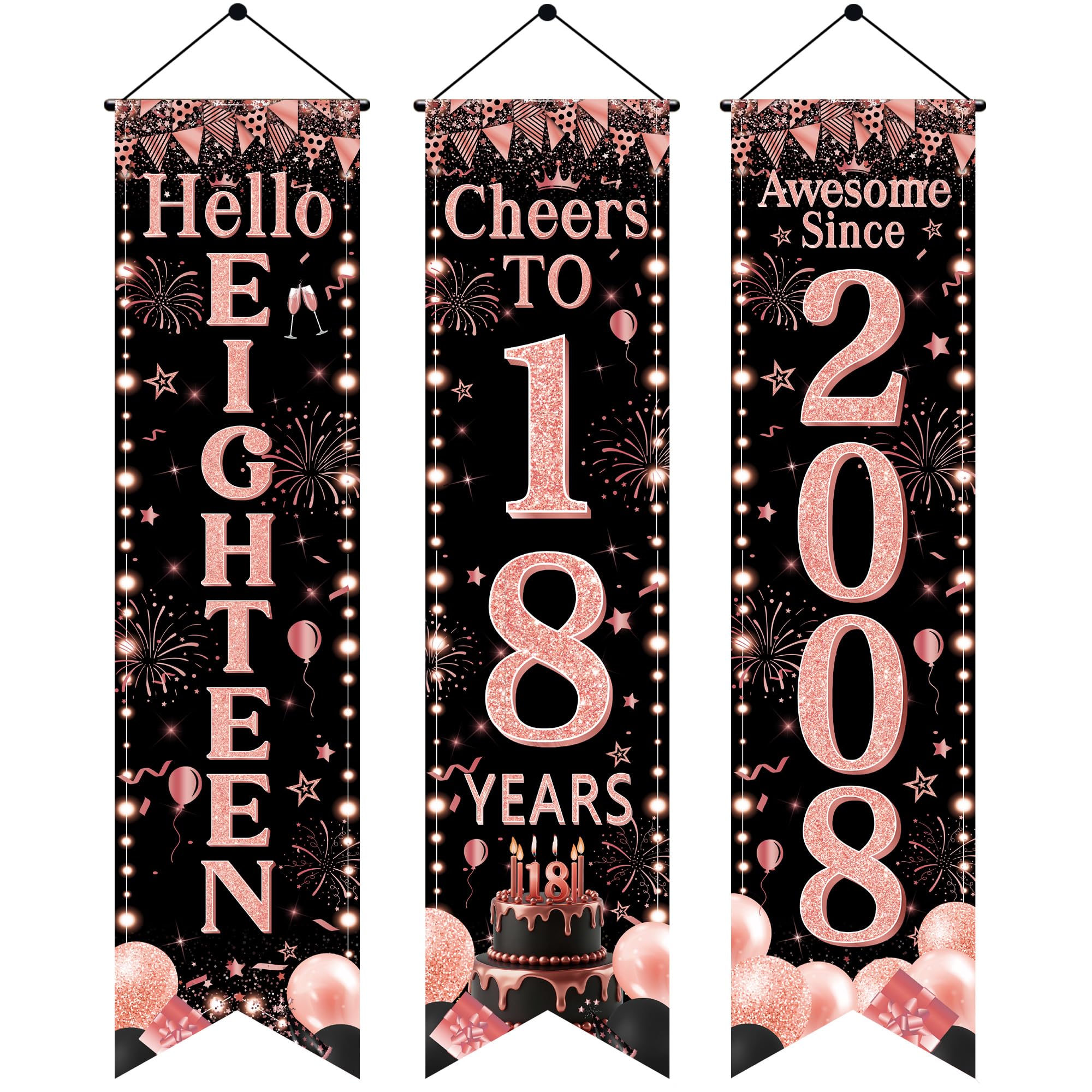 18th Birthday Door Banner Decorations - Black Rose Gold Hello Eighteen Porch Signs 3.9x0.9ft, 3Pcs Cheers to 18 Years Awesome Since 2008 Hanging Banners for 18th Birthday Party Decor