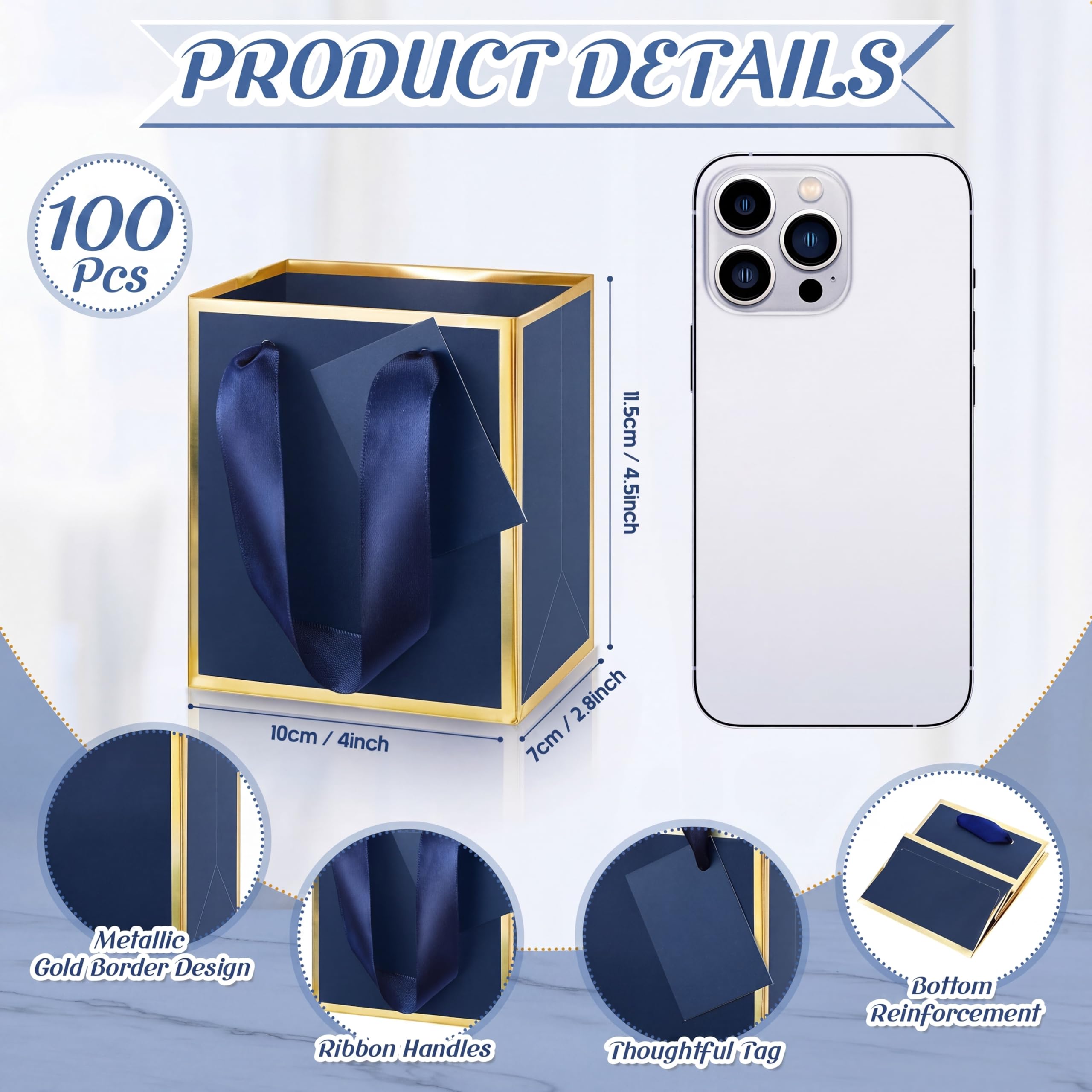 Yeaqee Lot de 100 mini sacs cadeaux en papier avec poignées et étiquette, bleu marine, doré