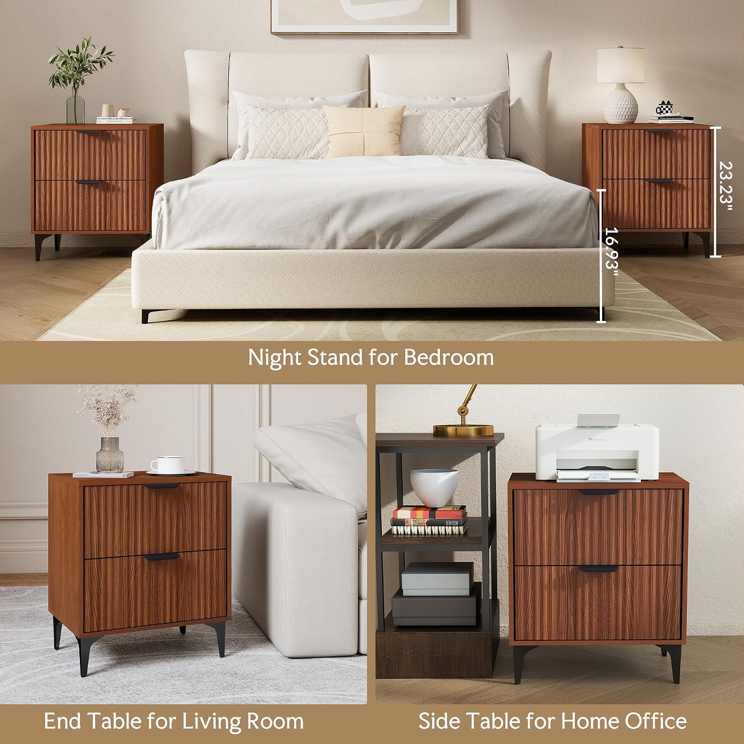 Wood Night Stand Set 2 Fluted Dresser for Bedroom 2 Drawers End Tables Nightstands Set of 2, Storage Modern Bedside Table Set of 2, Walnut Nightstand