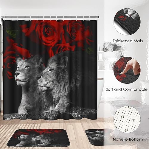 Miniatura 4 de Pamnest Juego de 4 cortinas de ducha, diseño de león y gato rojo con flores rojas, impermeables, con alfombras antideslizantes, cubierta para tapa