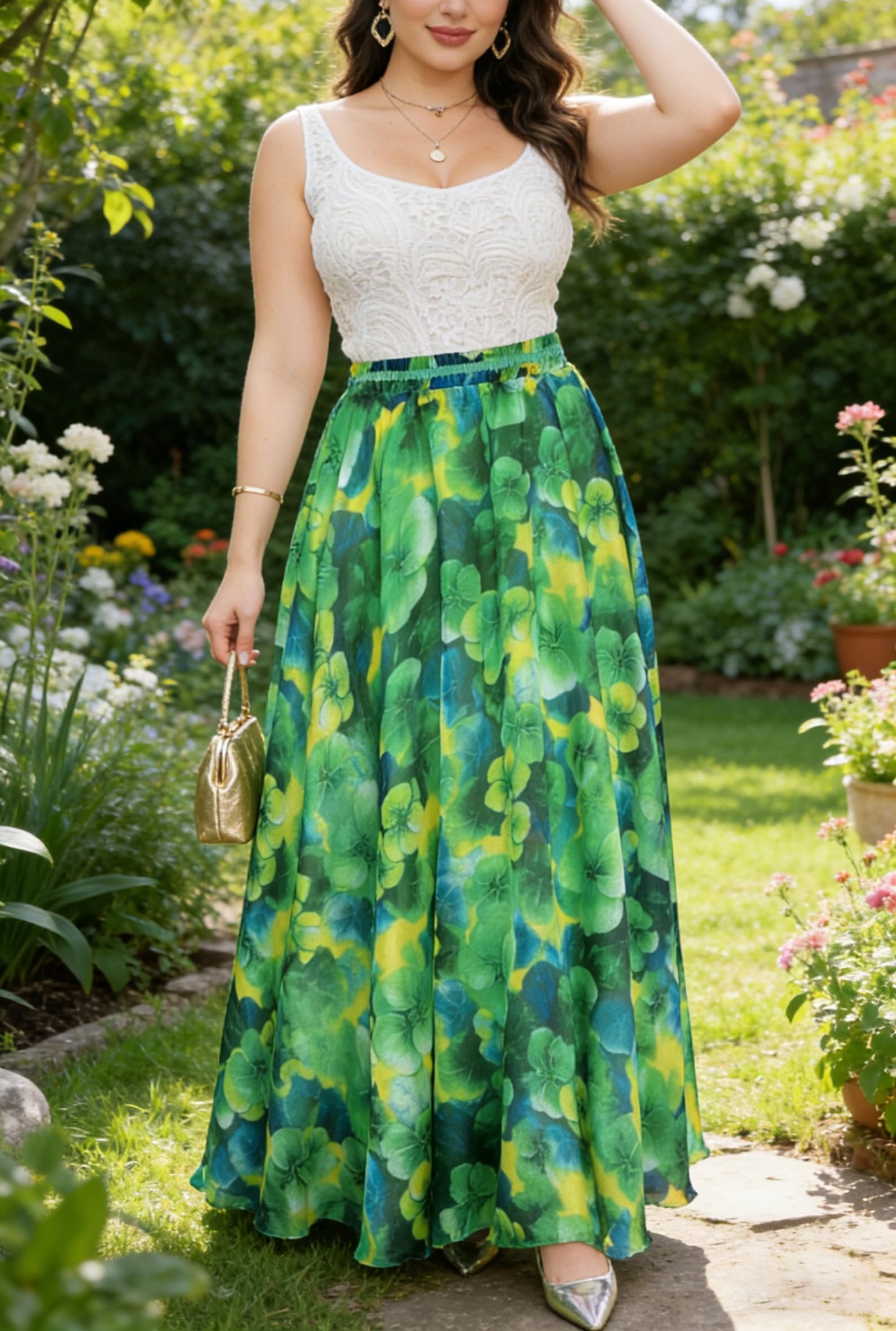 Afibi Womens Blending Chiffon Retro Long Maxi Skirt Vintage Dress