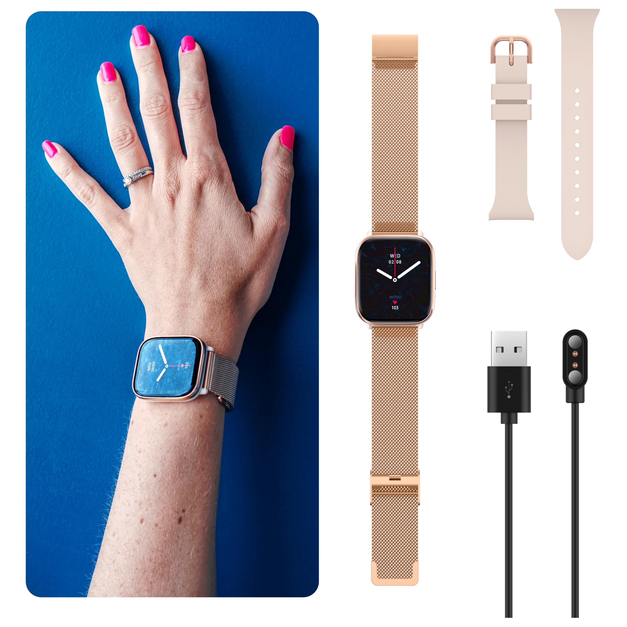 Echo Rainbow Nano Montre Connectée Femme Homme 1.83'', Sport – Or, Rose | 2 Bracelets, Légère, Écran Amoled, Étanche IP68, Autonomie 7 jours, Appel Bluetooth, Android, IOS, Capteurs Santé, Sommeil