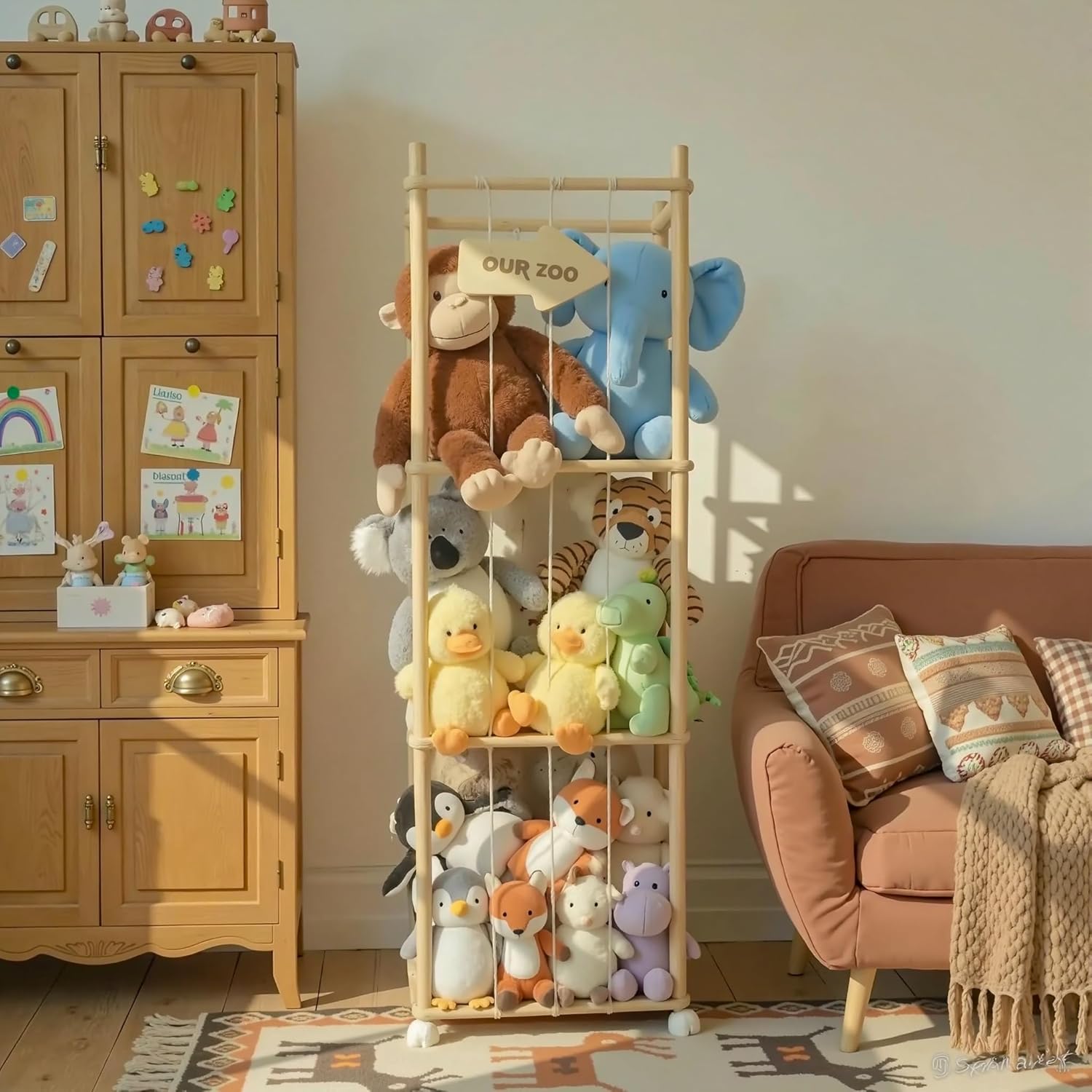 Wood Stuffed Animal Zoo Storage with Brake Wheels, Space Save Organizer, Large Capacity Stuffed Animal Holder, Gift for Nursery Playroom Kidroom Bedroom