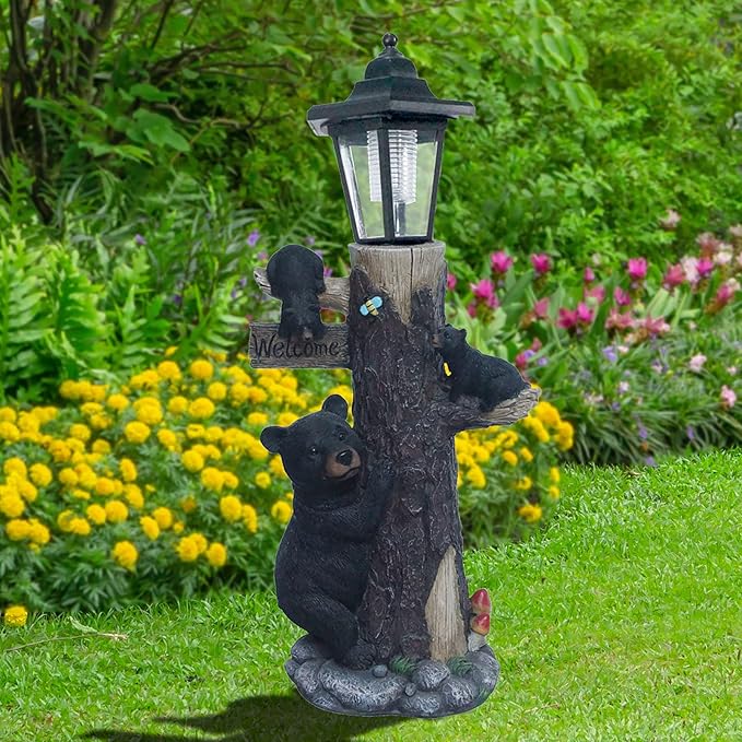 Oritty Bear Statue Sign Garden Statue with Solar