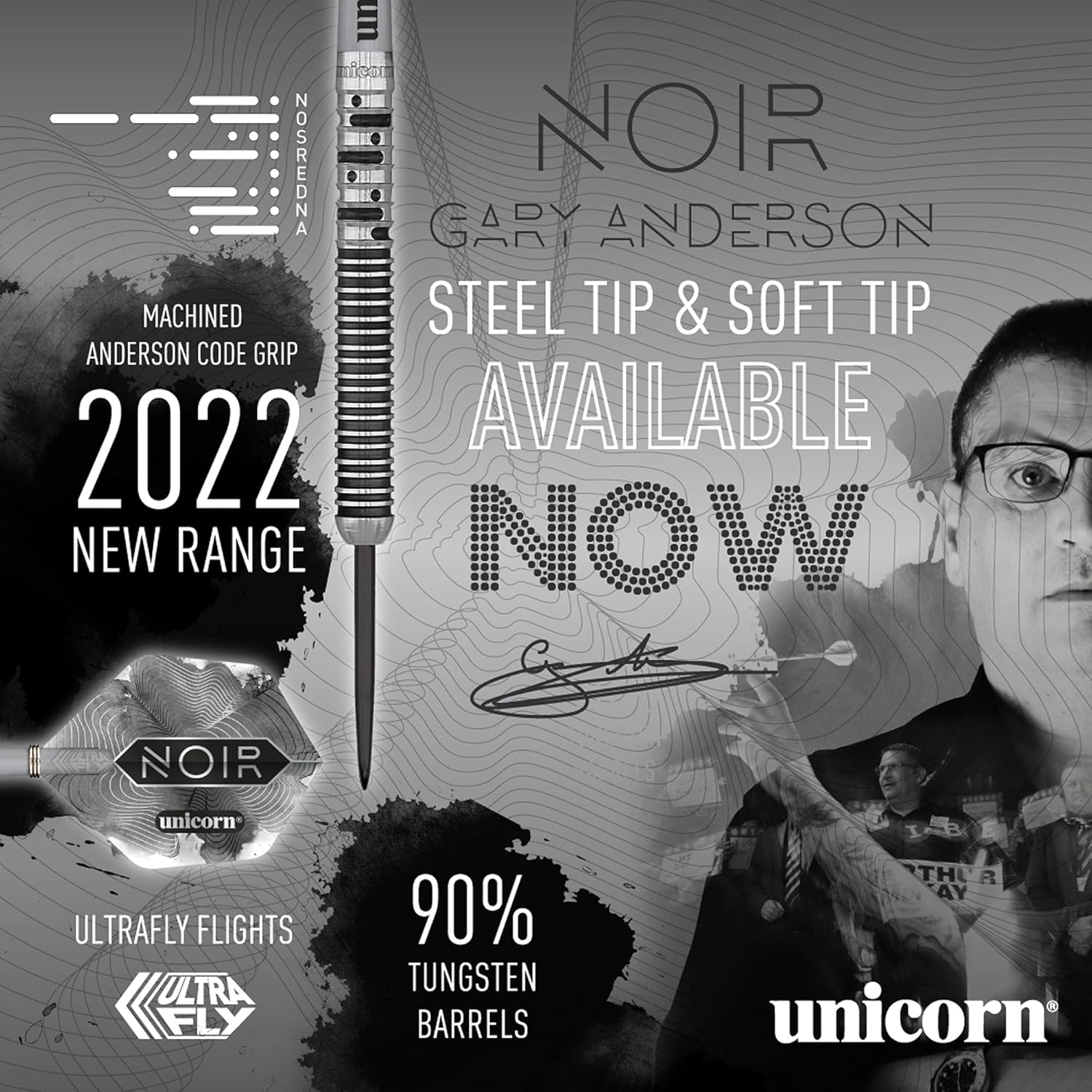 Unicorn Steel Tip Darts Set | Gary 'The Flying Scotsman' Anderson Noir Phase 3, 5 & 6 | 90% Tungsten Barrels with Black Titanium Coating | Presentation Packaging | 21g, 22g, 23g, 24g, 25g or 27g