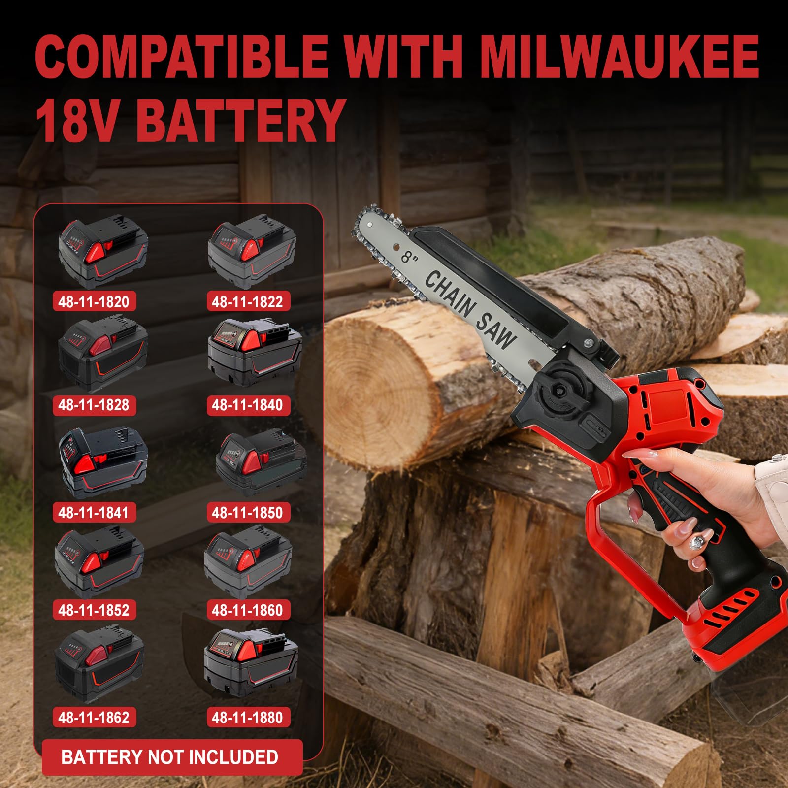 Mini motosierra sin escobillas con batería de 32,8 ft/s, 6 y 8 pulgadas, sierra eléctrica compatible con Milwaukee de 18 V, motosierra manual con bloqueo de seguridad y engrasador para cortar madera y
