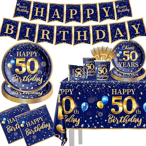 Miniatura 1 de Decoración de cumpleaños número 50 para hombre, juego de vajilla de cumpleaños azul marino y dorado (reserva para 20), incluye platos de feliz