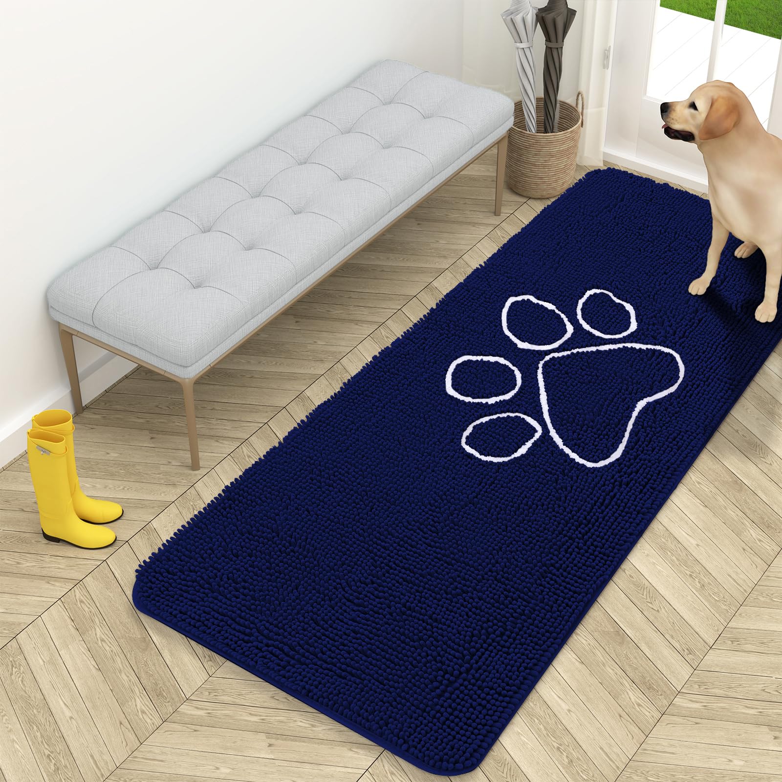 OLANLY Door Mat for Muddy Dog Paws 59x24, Ultra Absorbent Chenille Mud Doormat with Paw Print Design, Non-Slip Washable Doormat for Indoor Entryway, Quick-Dry Pet Bed Mats for Dirty Dogs, Navy Blue โ image 1