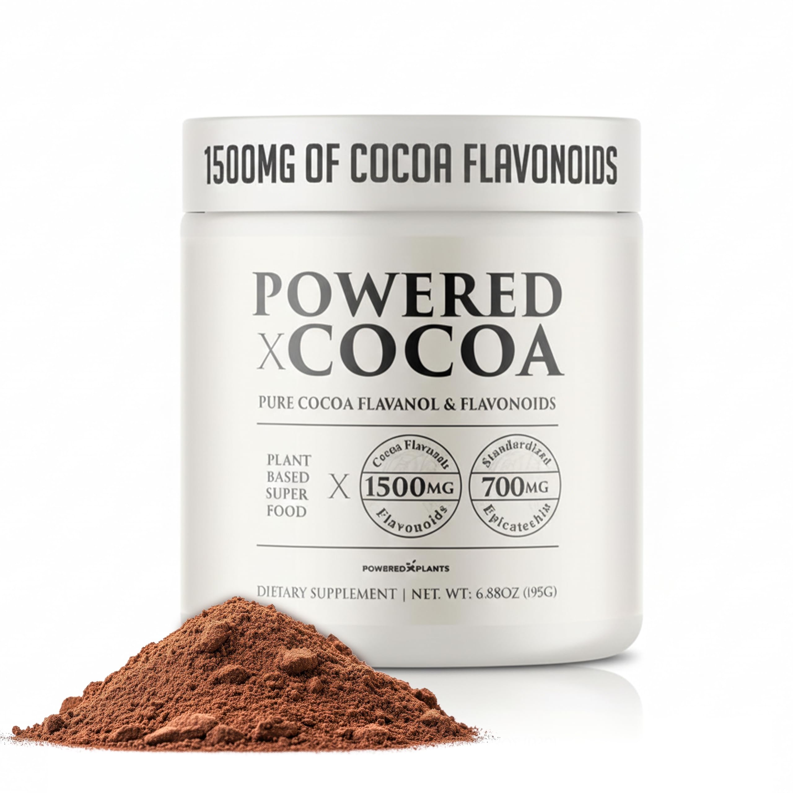 High Flavanol Cocoa Powder - 1500mg Cocoa Flavanols 12X More Epicatechin, 700MG Epicatechin Antioxidant Flavonoids - Supports Brain, Heart Health, Nitric Oxide & Circulation by Powered X Plants