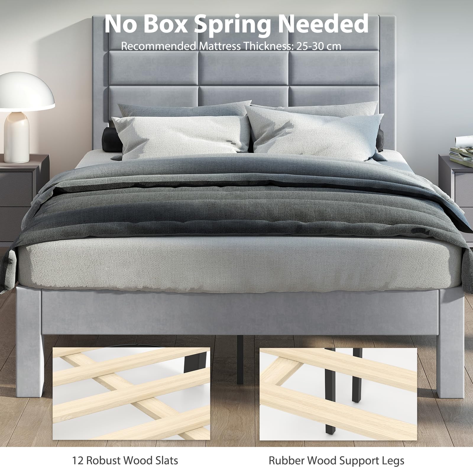 LIFEZEAL Estructura de Cama de 140 x 200 cm, Tapizada de Tela con Cabecero, Cama Tapizada con Somier, Marco de Cama Doble para Adultos y Jóvenes (211 x 141 x 109 cm)