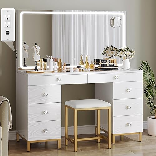 YITAHOME Vanity Desk with Mirror, Power Outlet and Magnifying Glass, Dressing Table Set with Chair, Makeup Vanity Table with Stool, 8 Drawers, Adjustable 3 Lighting Colors, White
