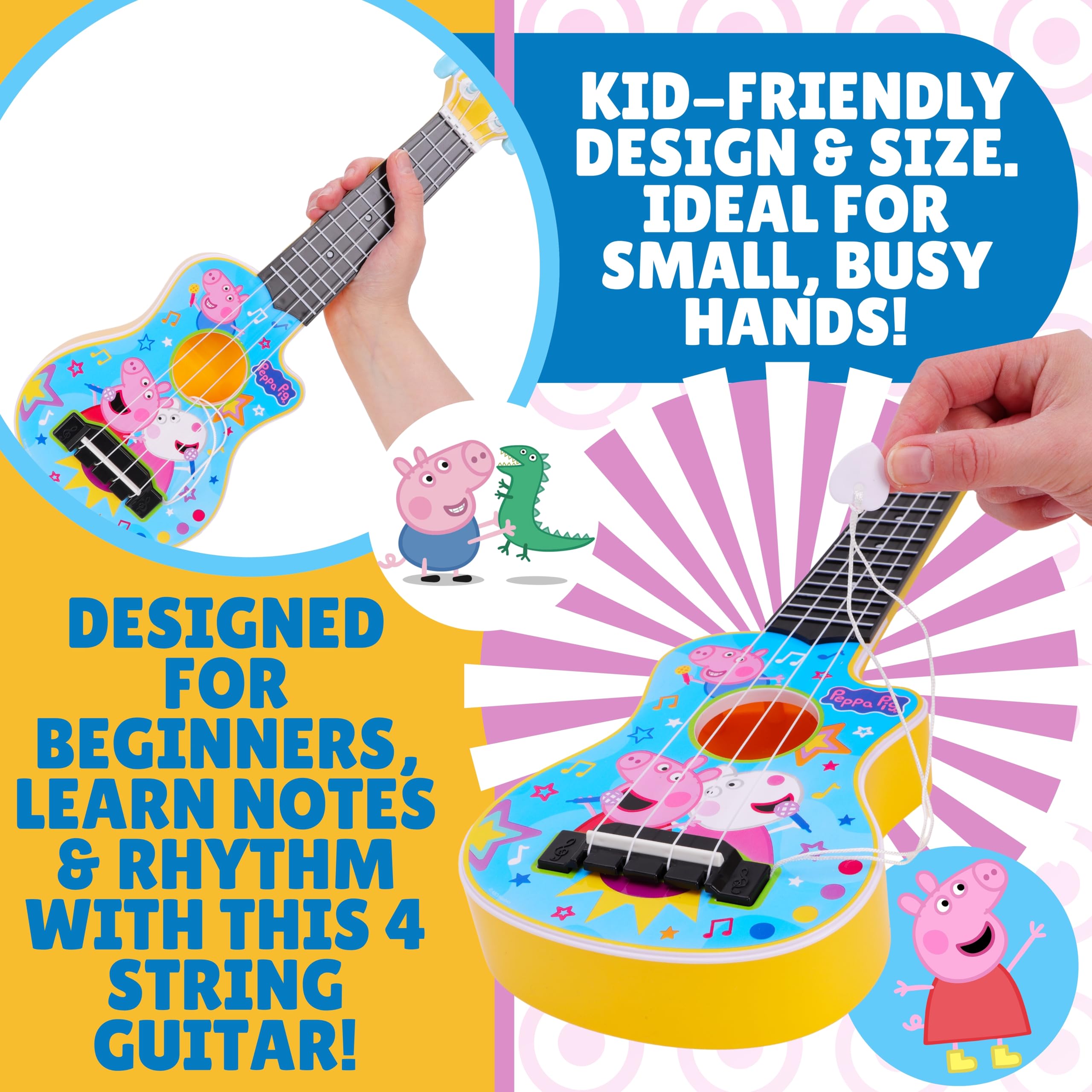 Toyland® 40 cm (16") Peppa Pig La mia prima chitarra con plettro incorporato - Strumento musicale da accordare e suonare - Divertente giocattolo musicale per bambini - Età 3+