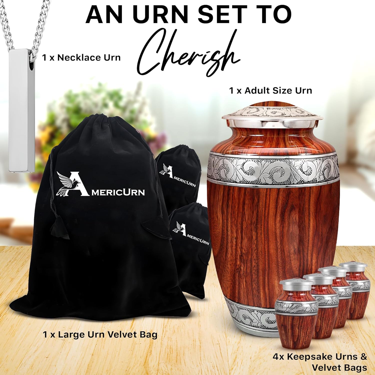 Set of 6 Wooden Grain Cremation Urns for Human Ashes Adult Male & Female - Includes 1 Large Wooden Grain Urn with 4 Small Keepsakes & 1 NecklaceUrn for Human Ashes