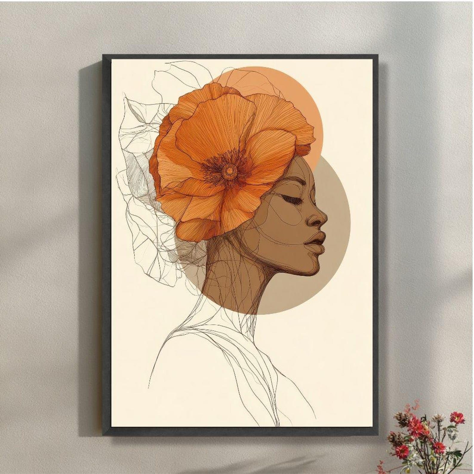 TONGYINLI Minimalist Woman Painting on Canvas, Line Art Print, Boho Flower Portrait Posters for Living Room, Home Wall Decor(60x90cm/Frameless)