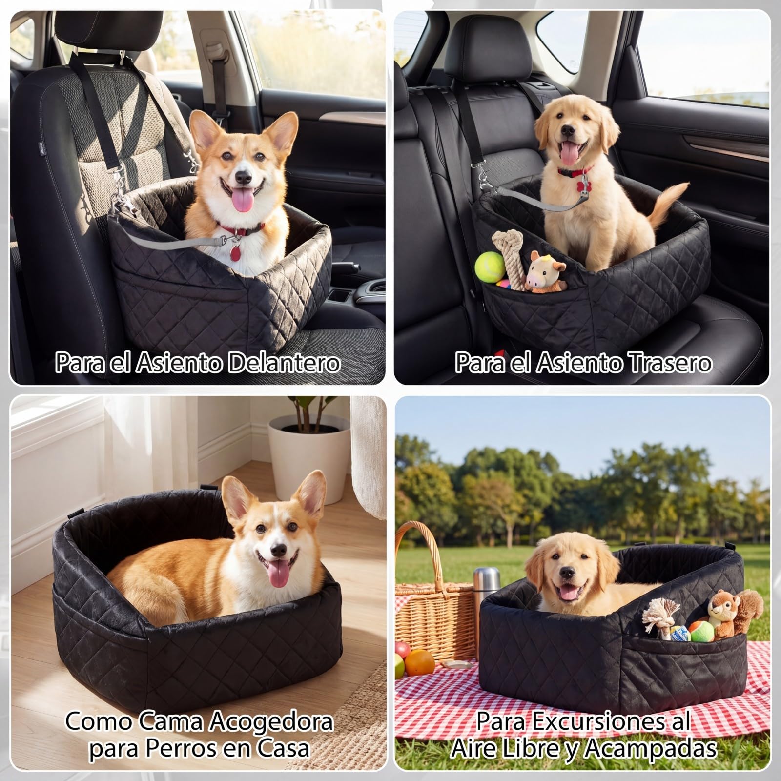 COSTWAY Asiento de Coche para Perros Pequeños y Medianos, Transportín Perro Coche con Correa de Seguridad, Bolsillos de Almacenaje, Base Antideslizante y Funda Lavable, 50 x 46 x 30 cm (Negro)