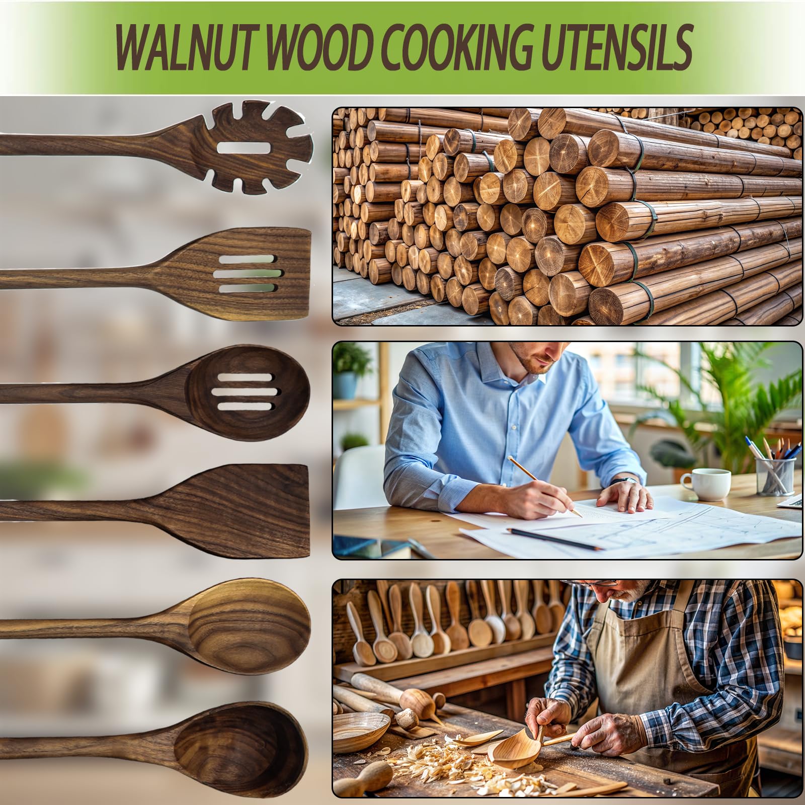 Cuchara de Madera de Nogal， Cuchara de Madera para cocinar， Cuchara de Cocina con Mango Largo， Cuchara de Madera para Servir para Mezclar y Revolver， Utensilios，Ladle
