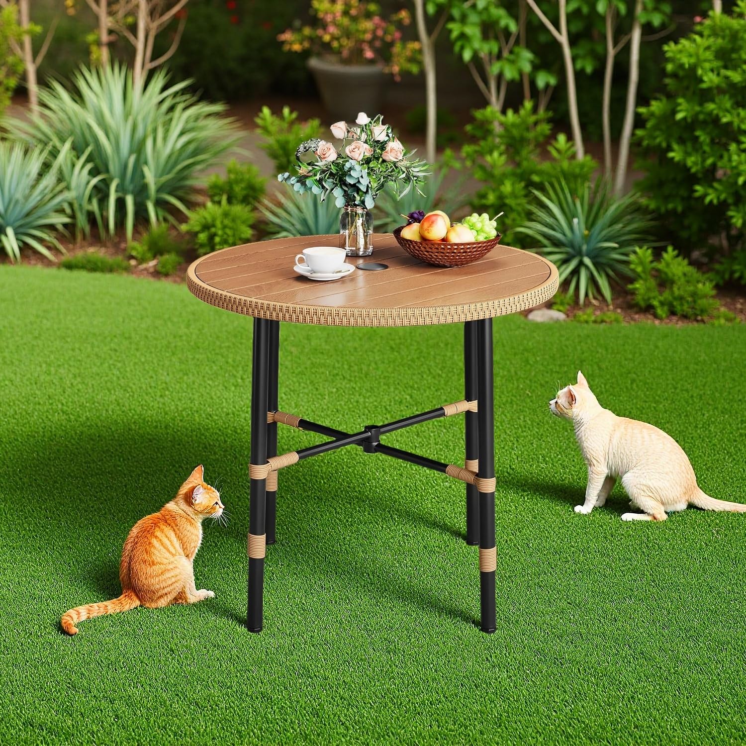 Mesa de comedor redonda para 4 mesas de 35.4 pulgadas con agujero para sombrilla y niveladores ajustables, mesa de bistró para todo tipo de clima con marco de metal para césped, jardín, patio 8