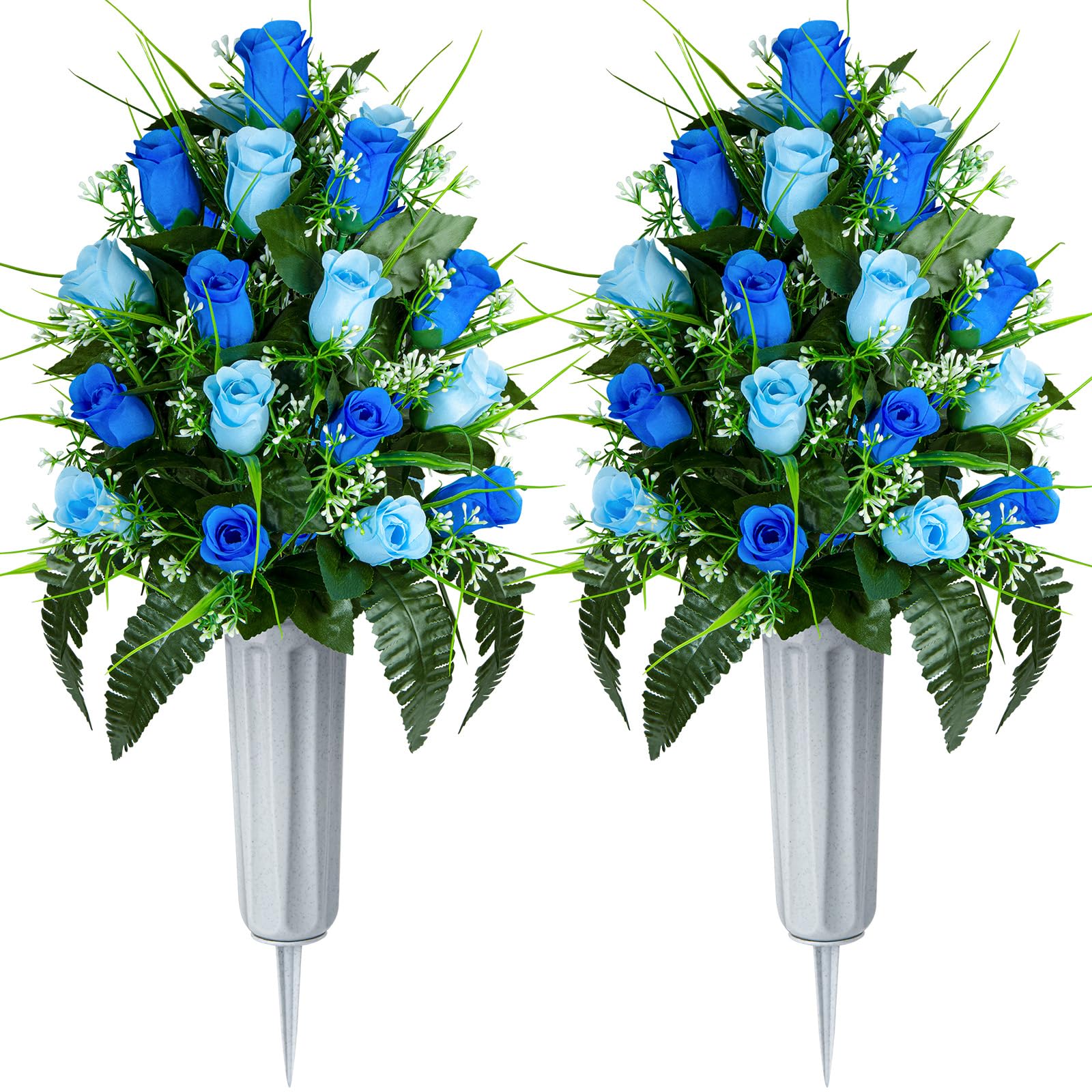 SIFOEL Artificial Cemetery Flowers - Set of 2 Grave Memorial Rose Flowers with Vase for Cemetery Headstones Gravesites Decoration (Light Blue & Dark Blue) — image 1