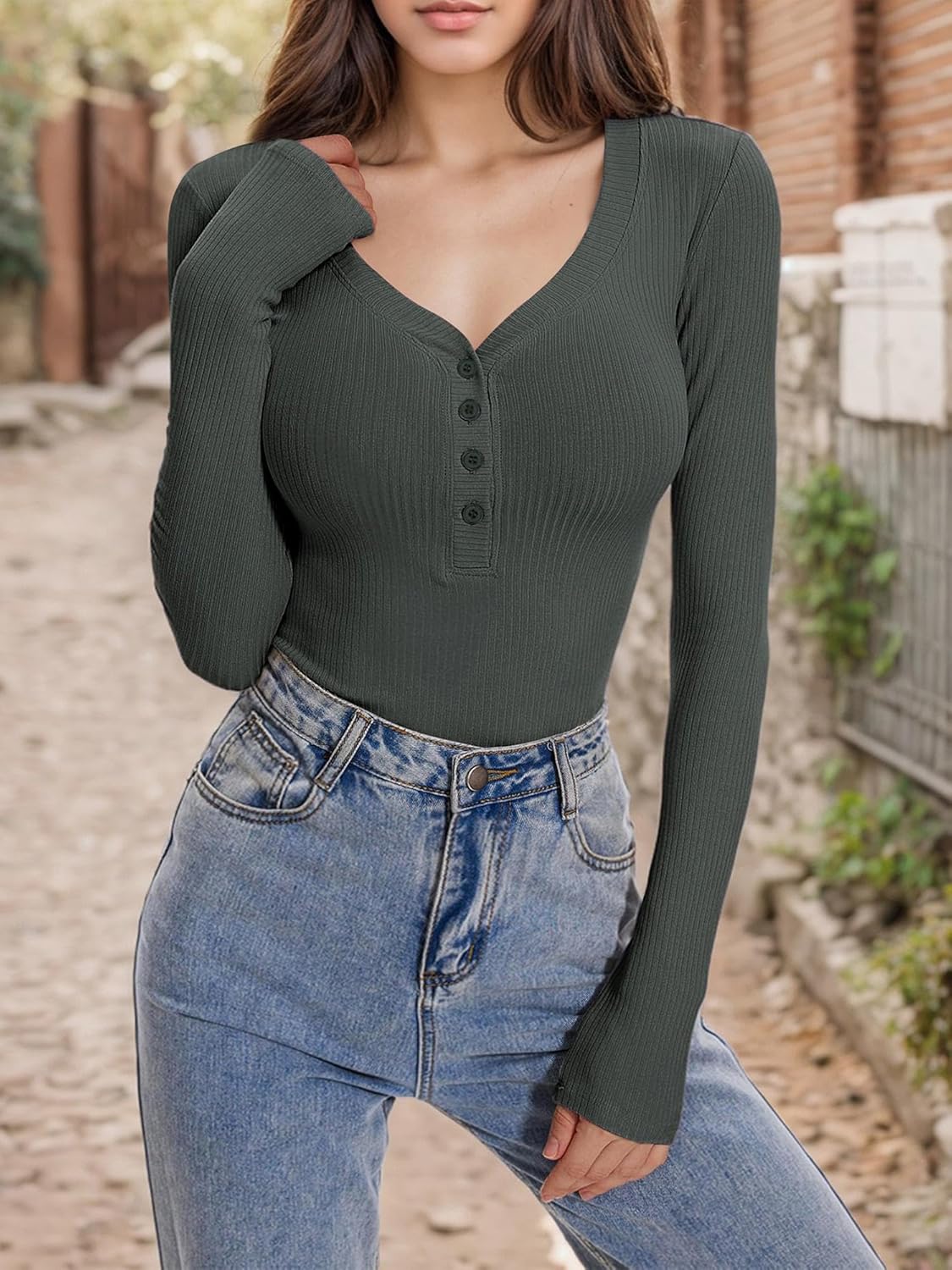 Women's Long Sleeve V Neck Shirt Sexy Henley Tight Slim Fitted Going Out Top Ribbed Button Fall Fashion Dark Gray L - Image 6