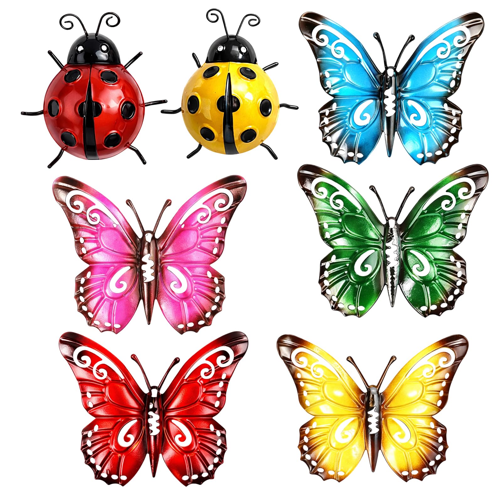 YcsRnn 7Pcs Garden Fence Decorations, Garden Wall Decorations, Garden Ornaments Outdoor, Metal Wall Art for Garden with Butterflies and Ladybirds, Decorative Set for Outdoor Spaces and Patio Walls